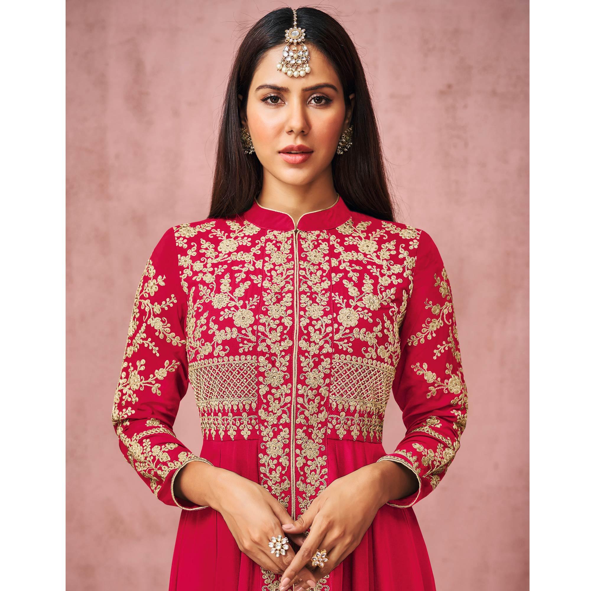 Dark Pink Partywear Embroidered Georgette Anarkali Suit - Peachmode