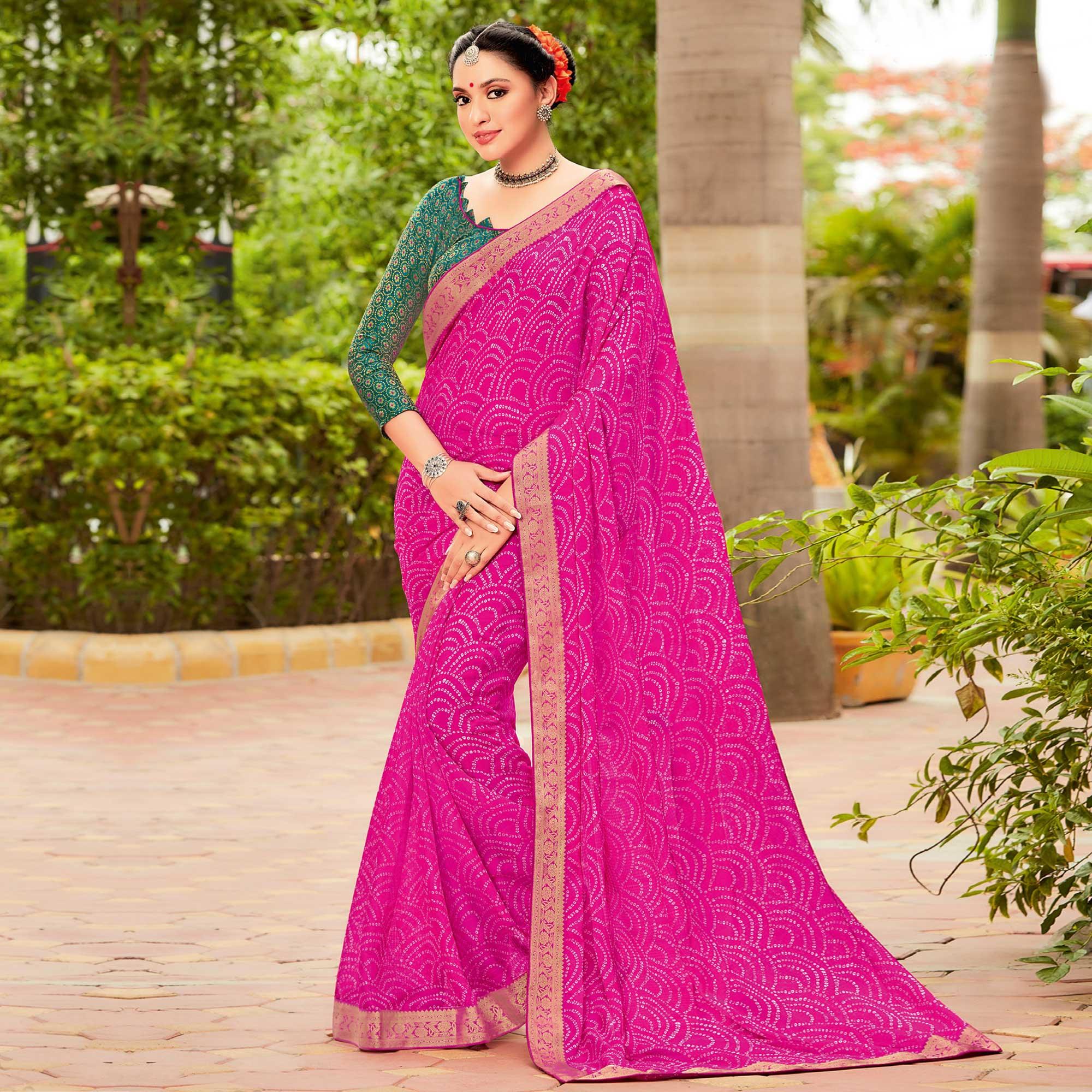 Dark Pink Partywear Printed Chiffon Saree With Border - Peachmode