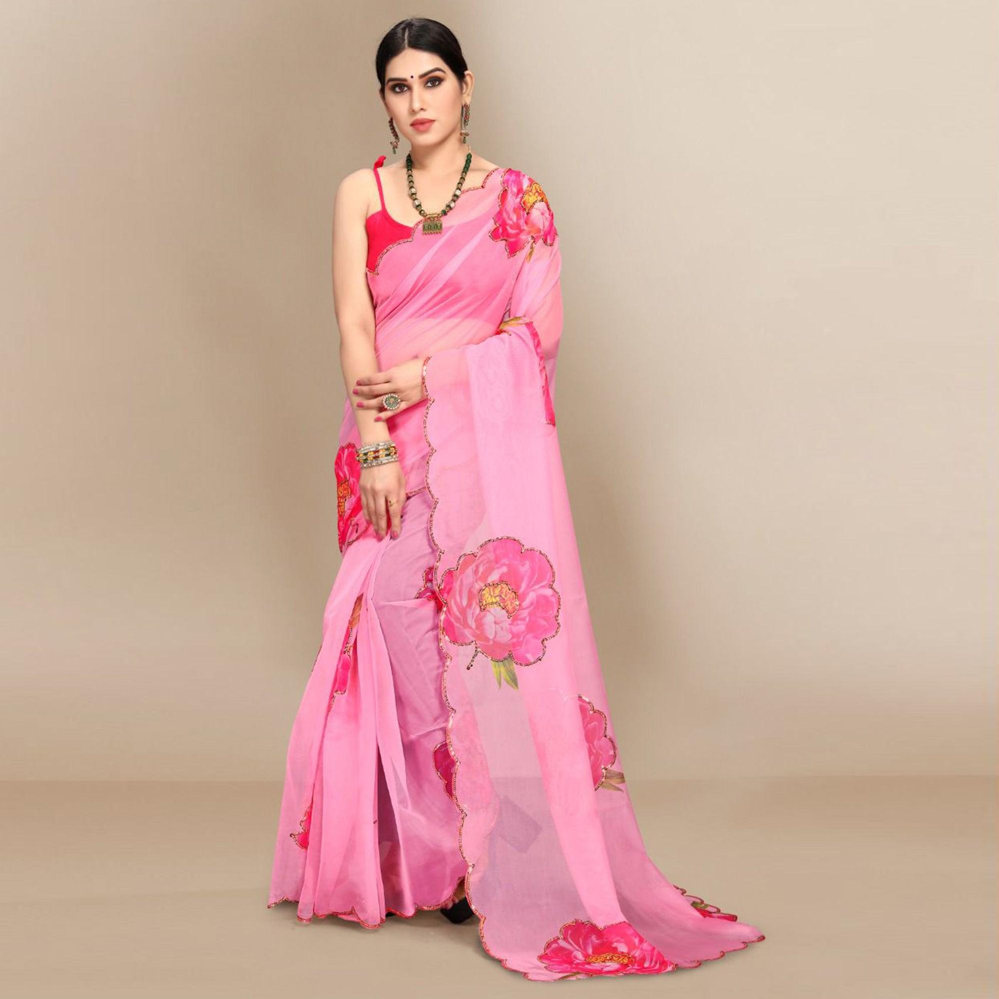 Dark Pink Partywear Sequence & Printed Organza Saree - Peachmode