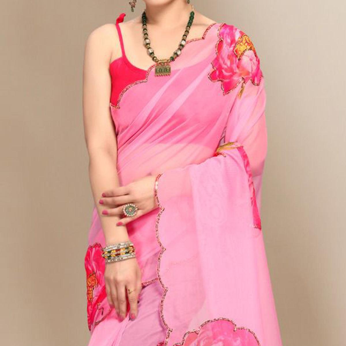 Dark Pink Partywear Sequence & Printed Organza Saree - Peachmode