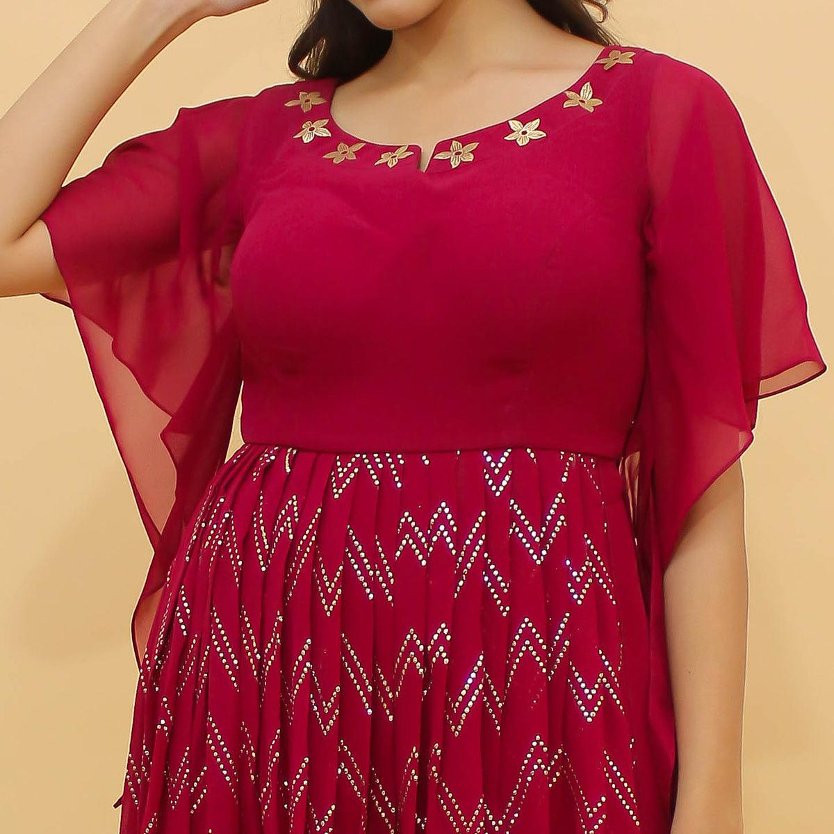 Dark Pink Printed With Mukaish Work Georgette Partywear Suit - Peachmode