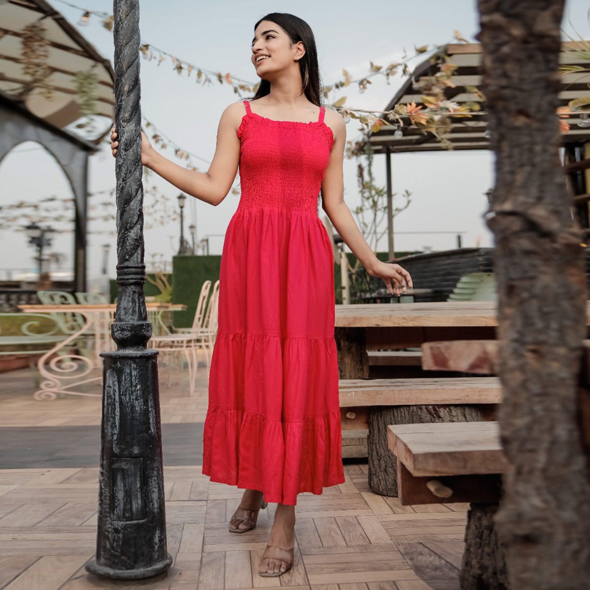 Dark Pink Solid Rayon Dress - Peachmode