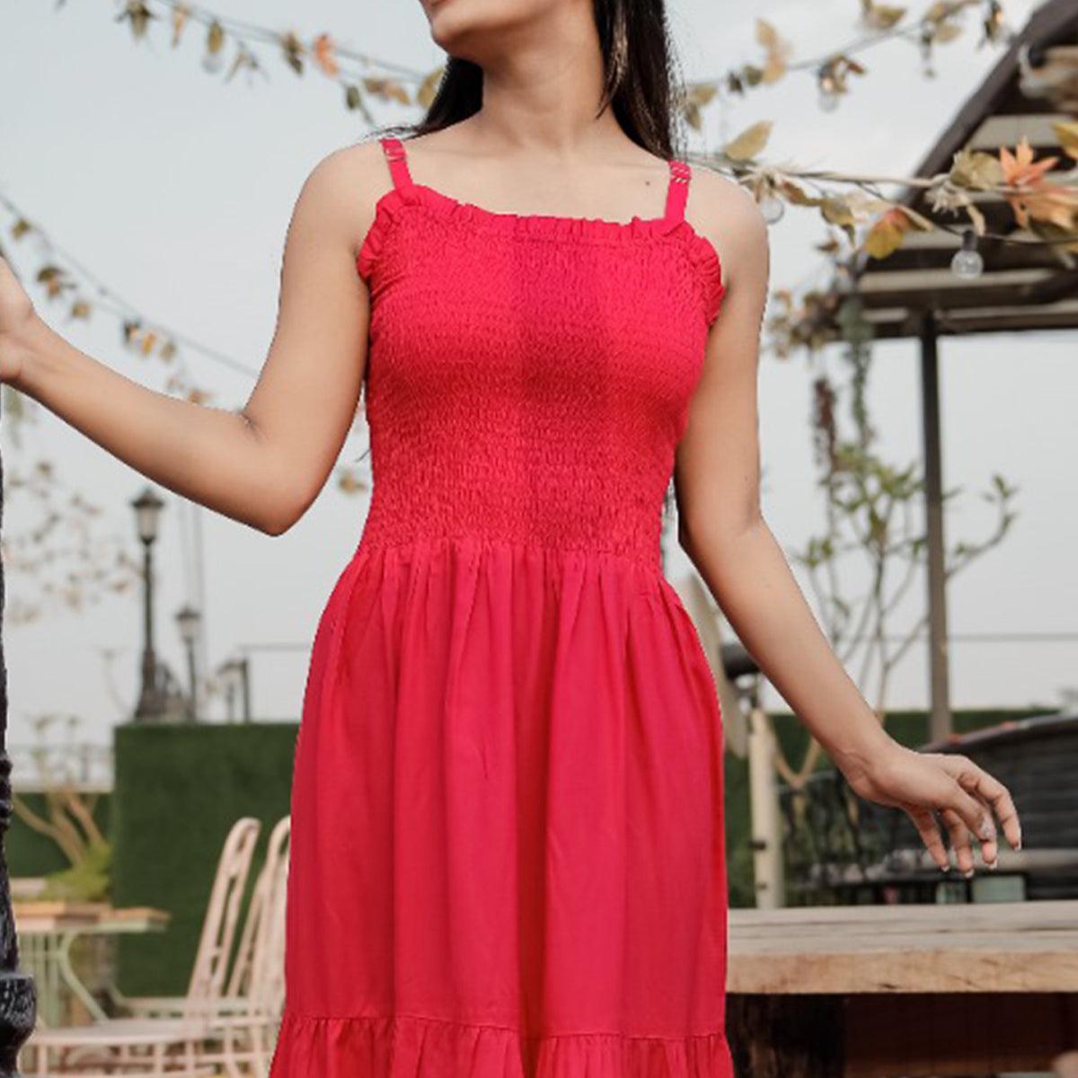 Dark Pink Solid Rayon Dress - Peachmode