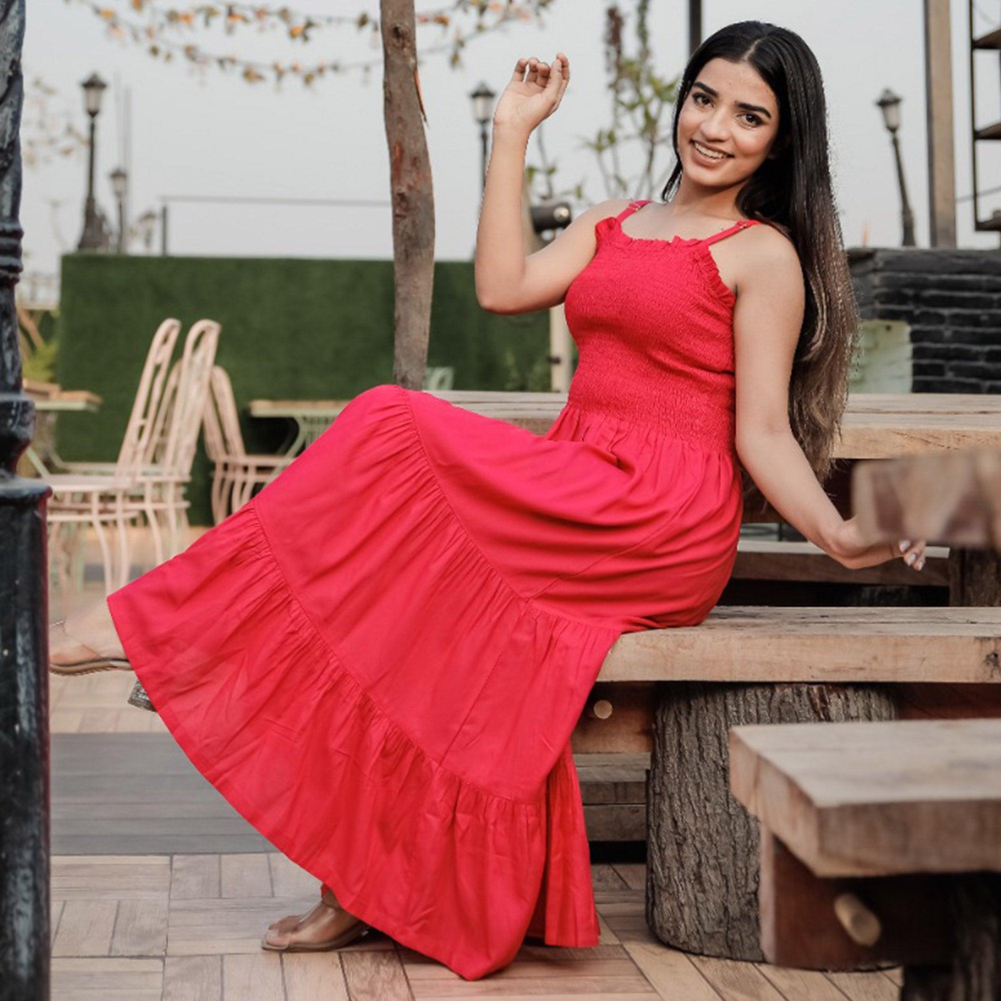 Dark Pink Solid Rayon Dress - Peachmode