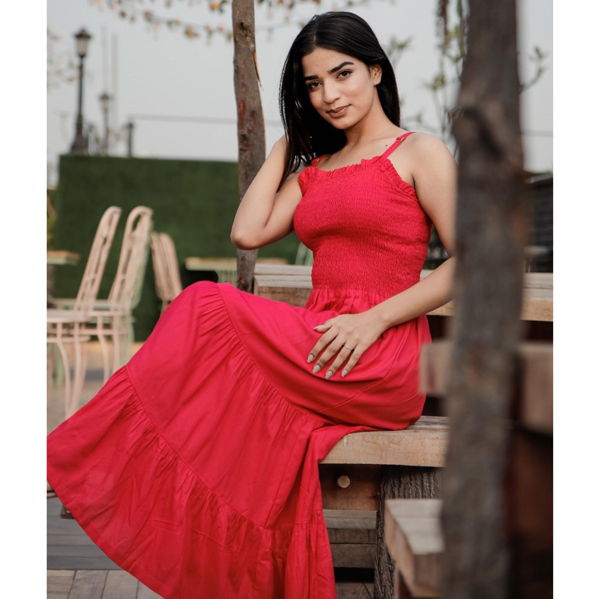 Dark Pink Solid Rayon Dress - Peachmode