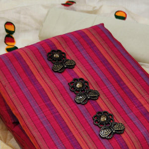 Dark Pink Stripes Pure Cotton Dress Material - Peachmode