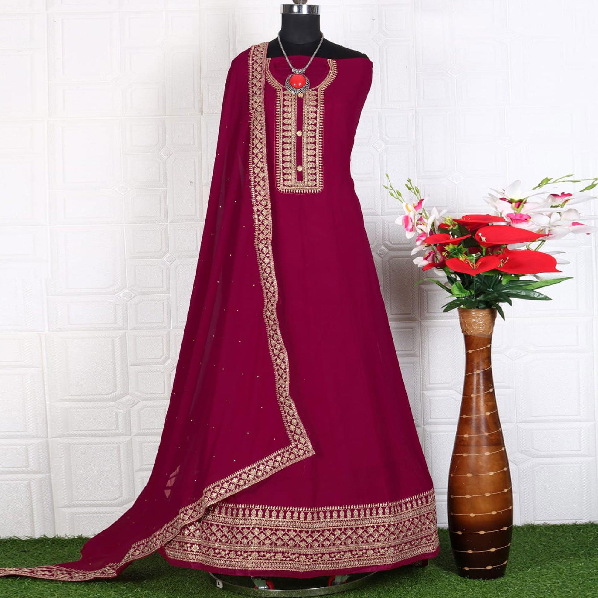Dark Pink Women's Embroidered Georgette Partywear Gown - Peachmode