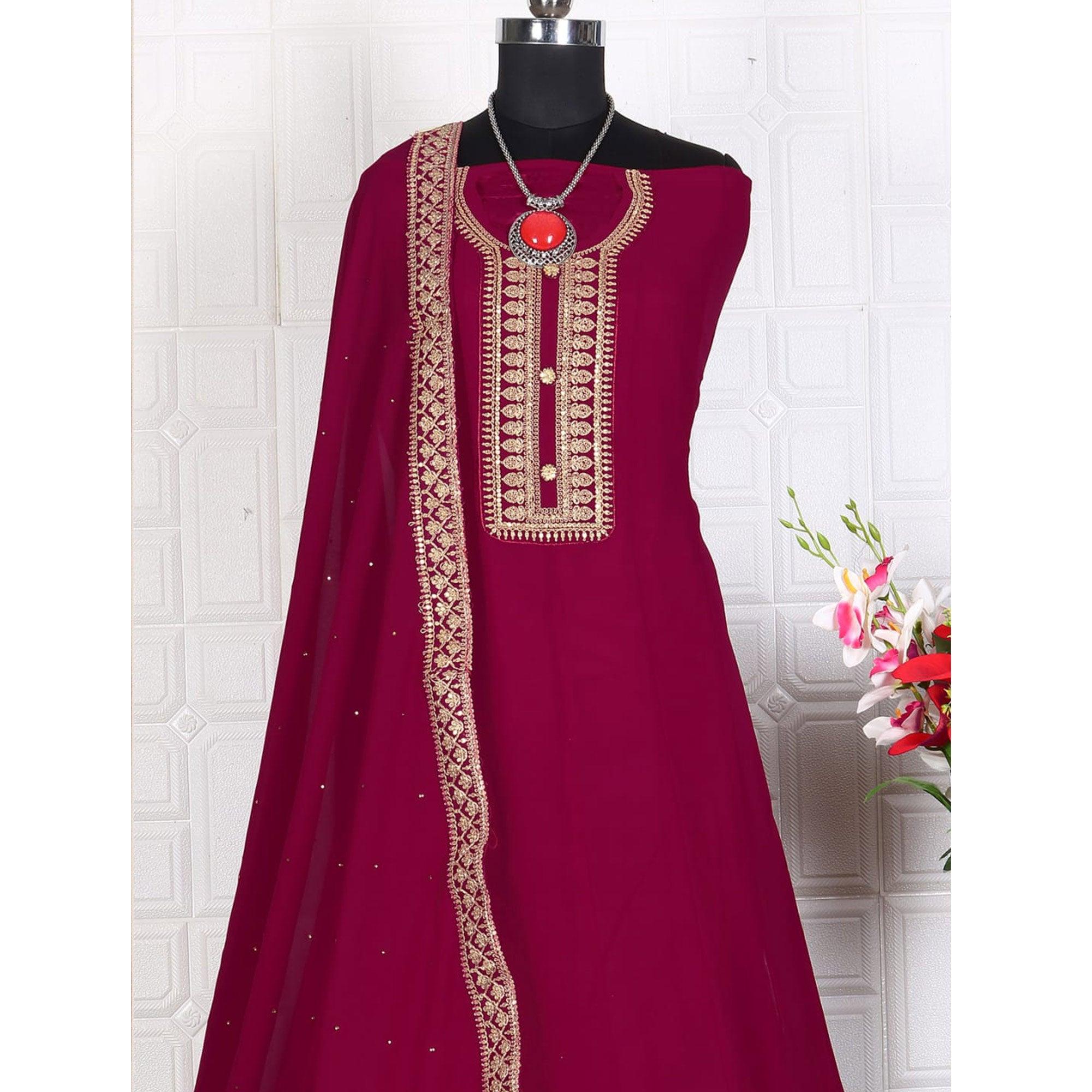 Dark Pink Women's Embroidered Georgette Partywear Gown - Peachmode