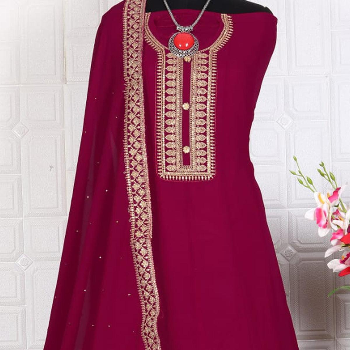 Dark Pink Women's Embroidered Georgette Partywear Gown - Peachmode