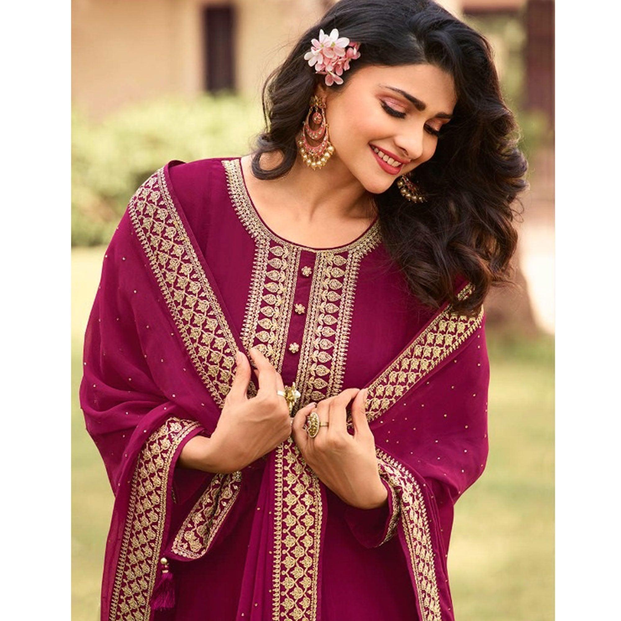 Dark Pink Women's Embroidered Georgette Partywear Gown - Peachmode