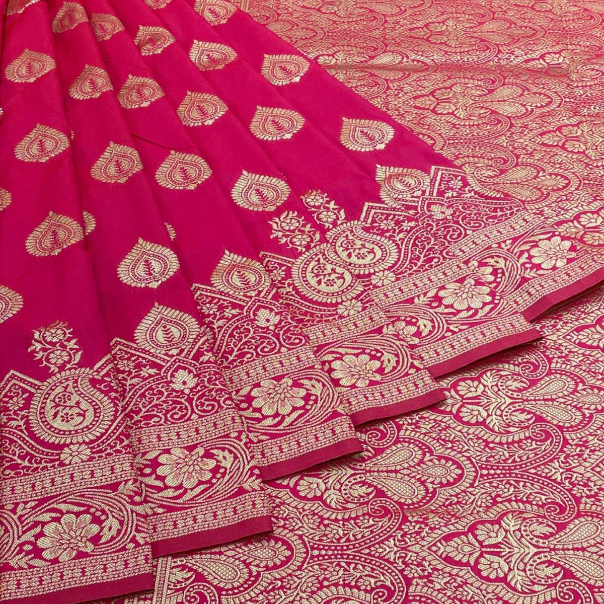 Dark Pink Zari Woven Art Silk Saree - Peachmode