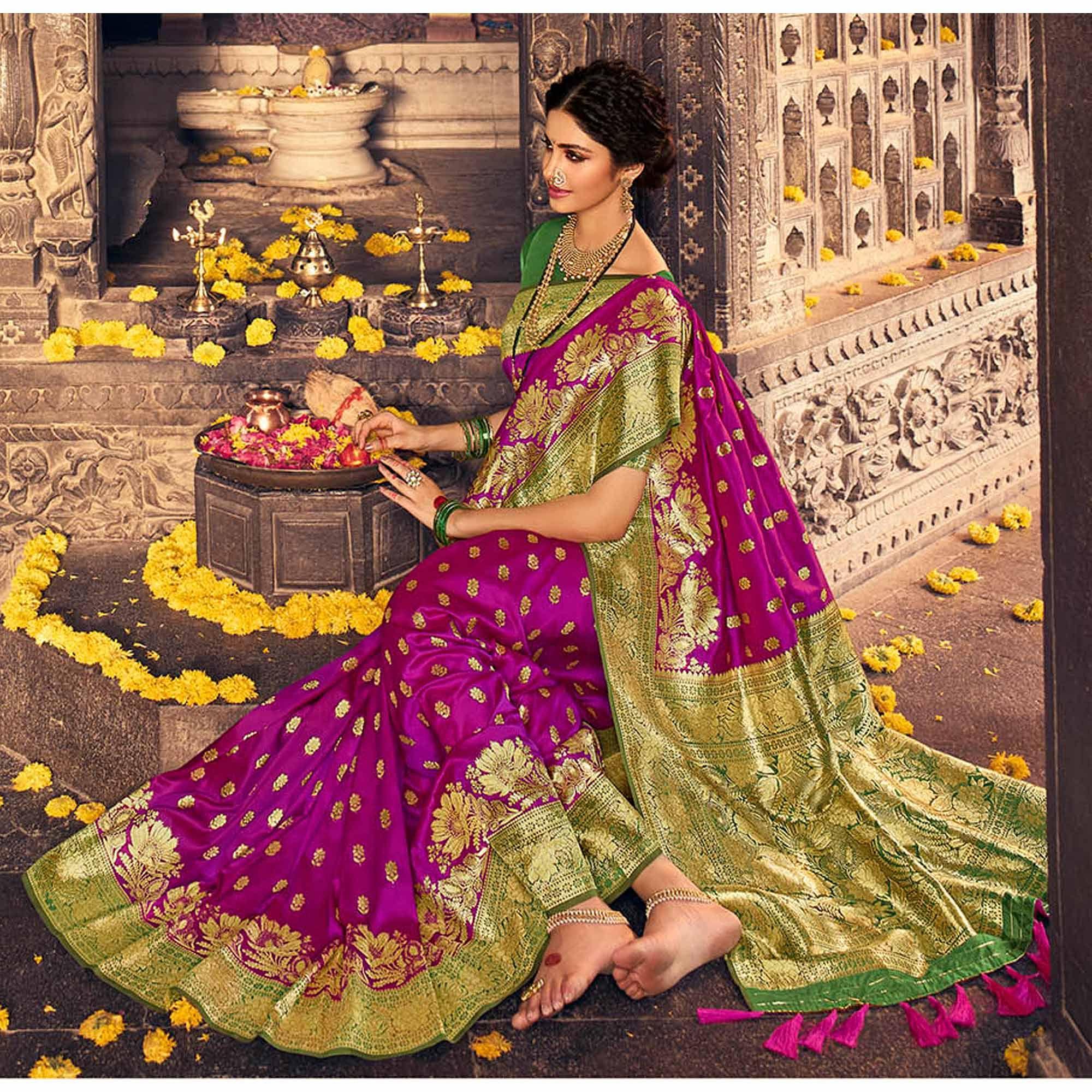 Dark Purple & Green Festive Wear Woven Banarasi Silk Saree - Peachmode
