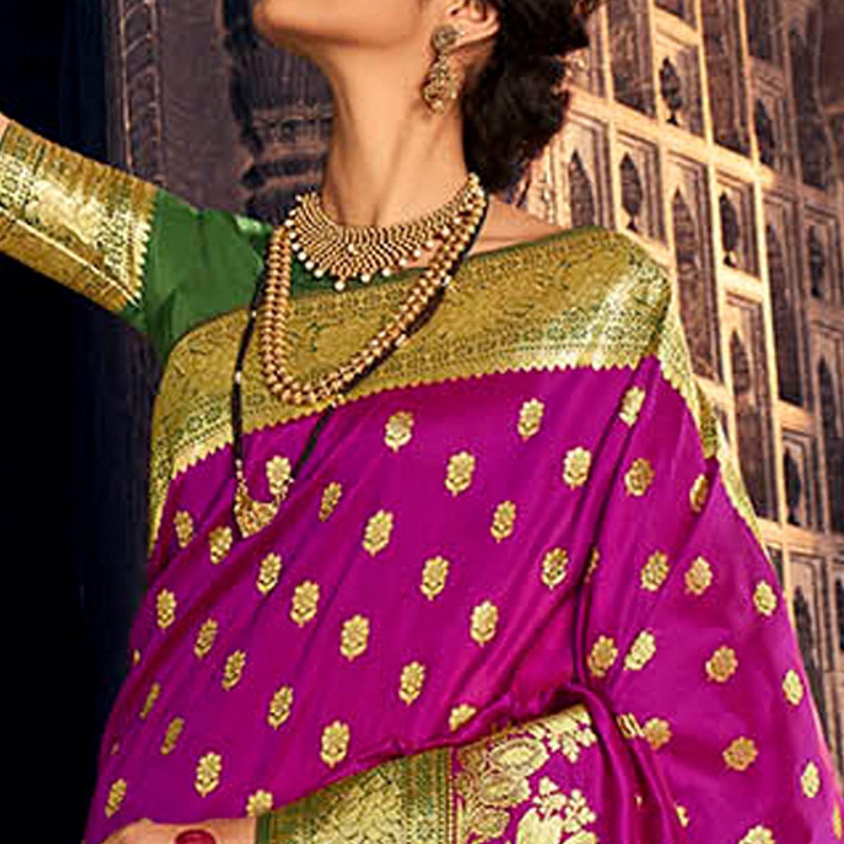 Dark Purple & Green Festive Wear Woven Banarasi Silk Saree - Peachmode