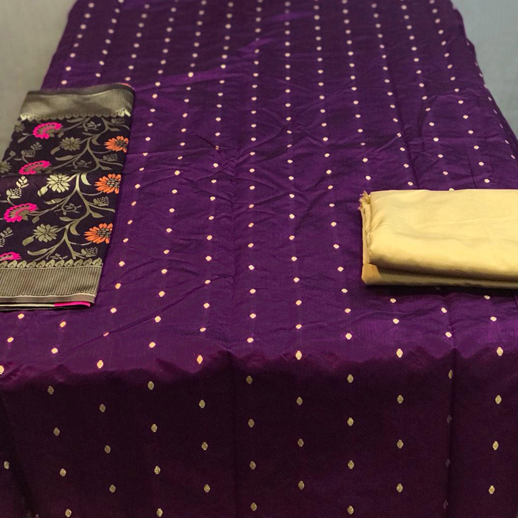 Dark Purple Casual Wear Woven Banarasi Silk Dress Material - Peachmode