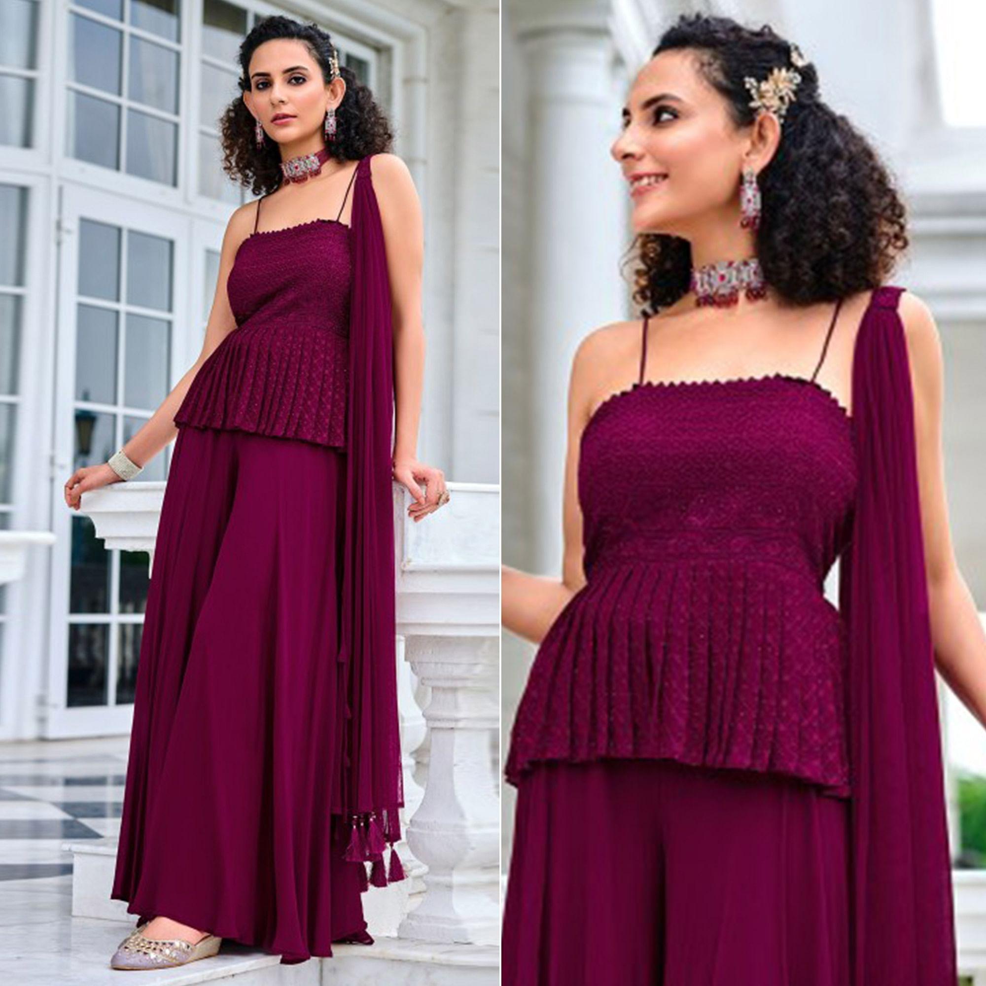 Dark Purple Embroidered Georgette Sharara Suit - Peachmode