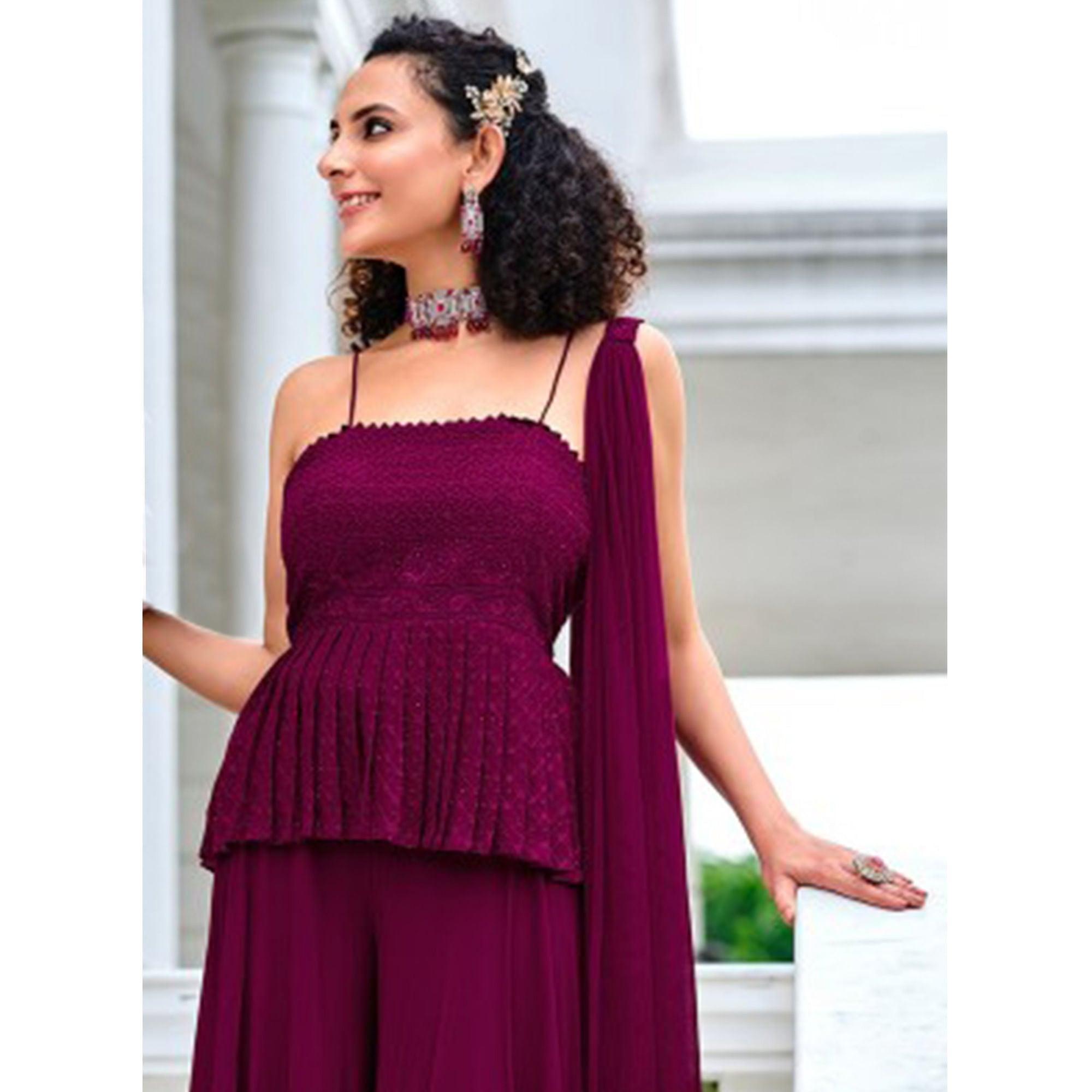 Dark Purple Embroidered Georgette Sharara Suit - Peachmode