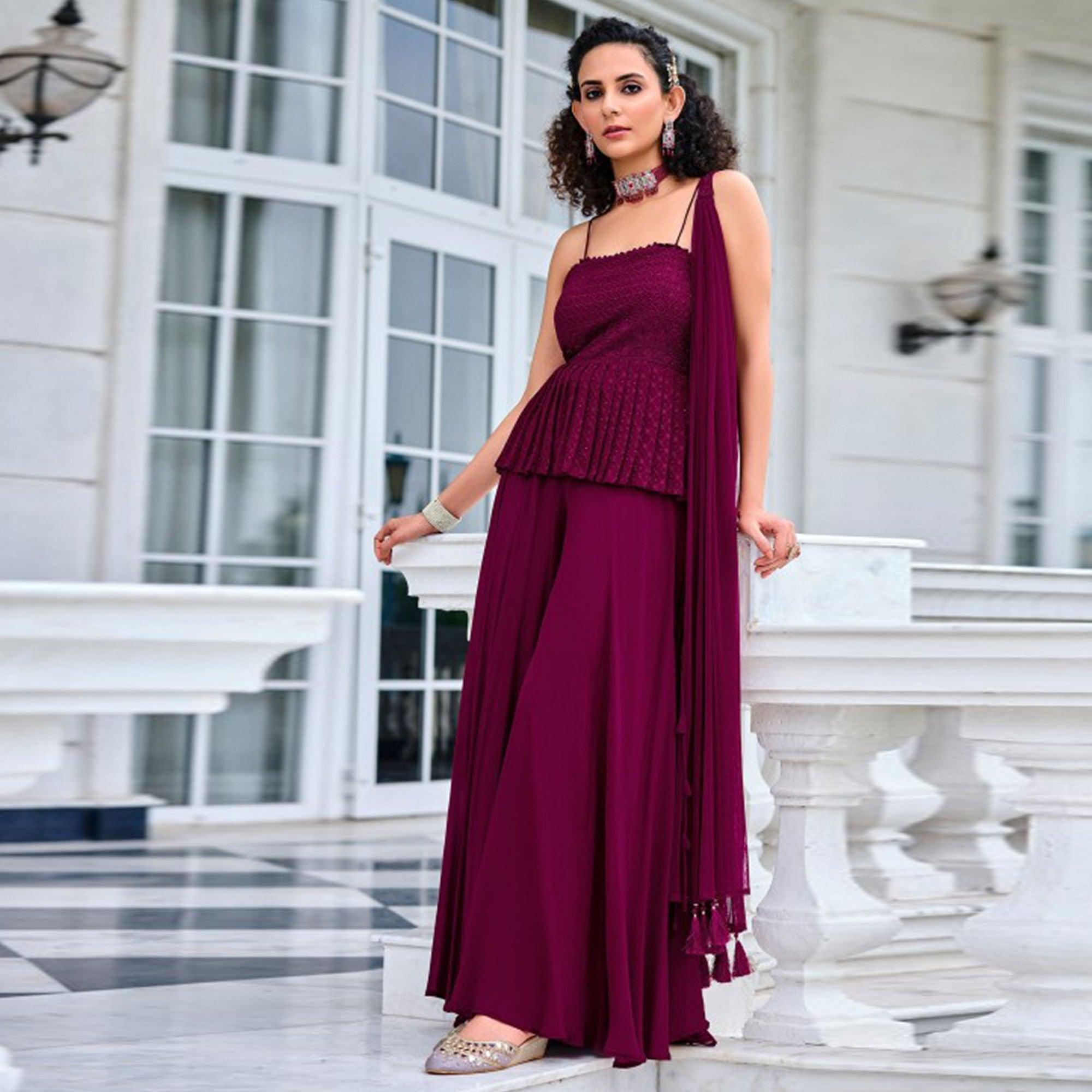 Dark Purple Embroidered Georgette Sharara Suit - Peachmode