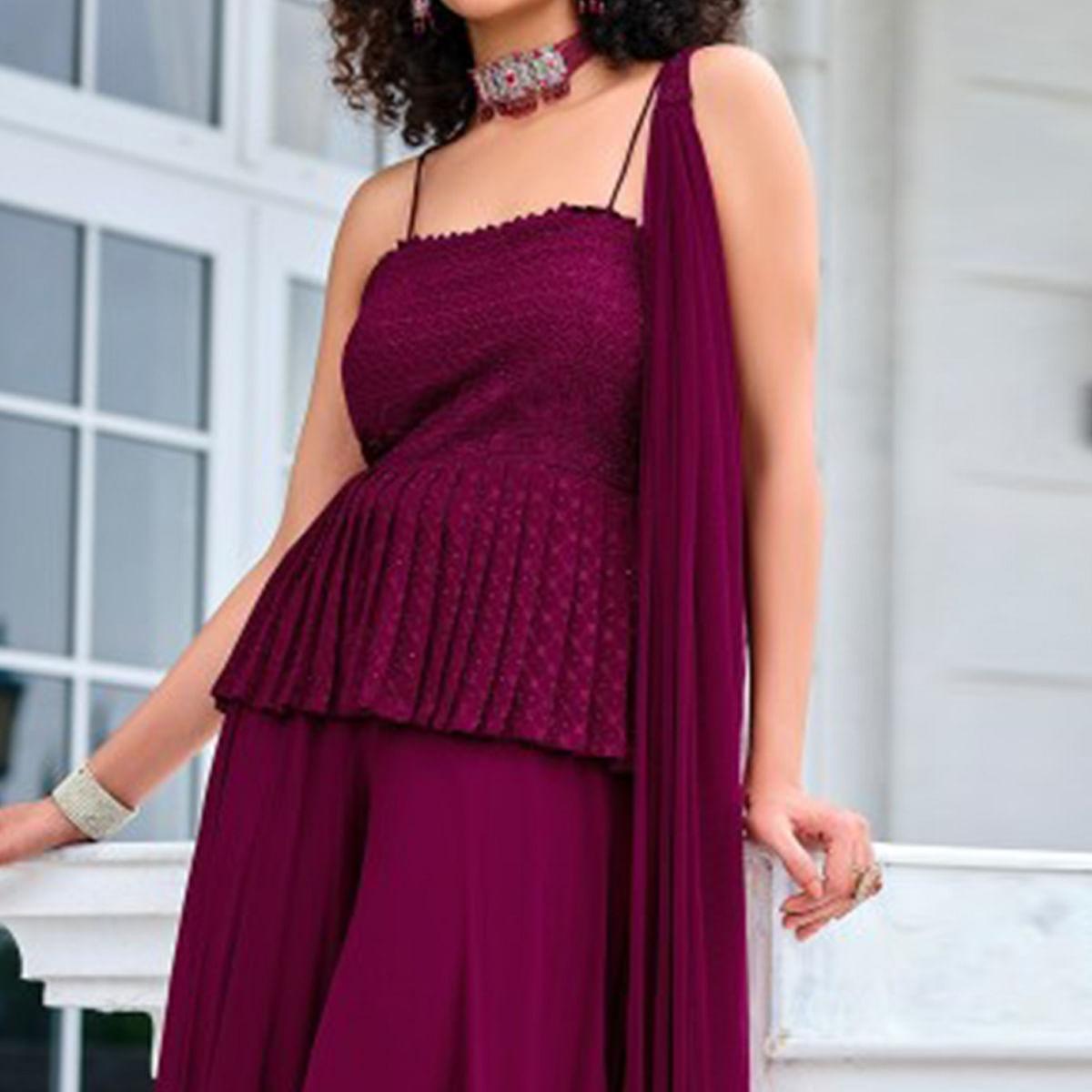 Dark Purple Embroidered Georgette Sharara Suit - Peachmode