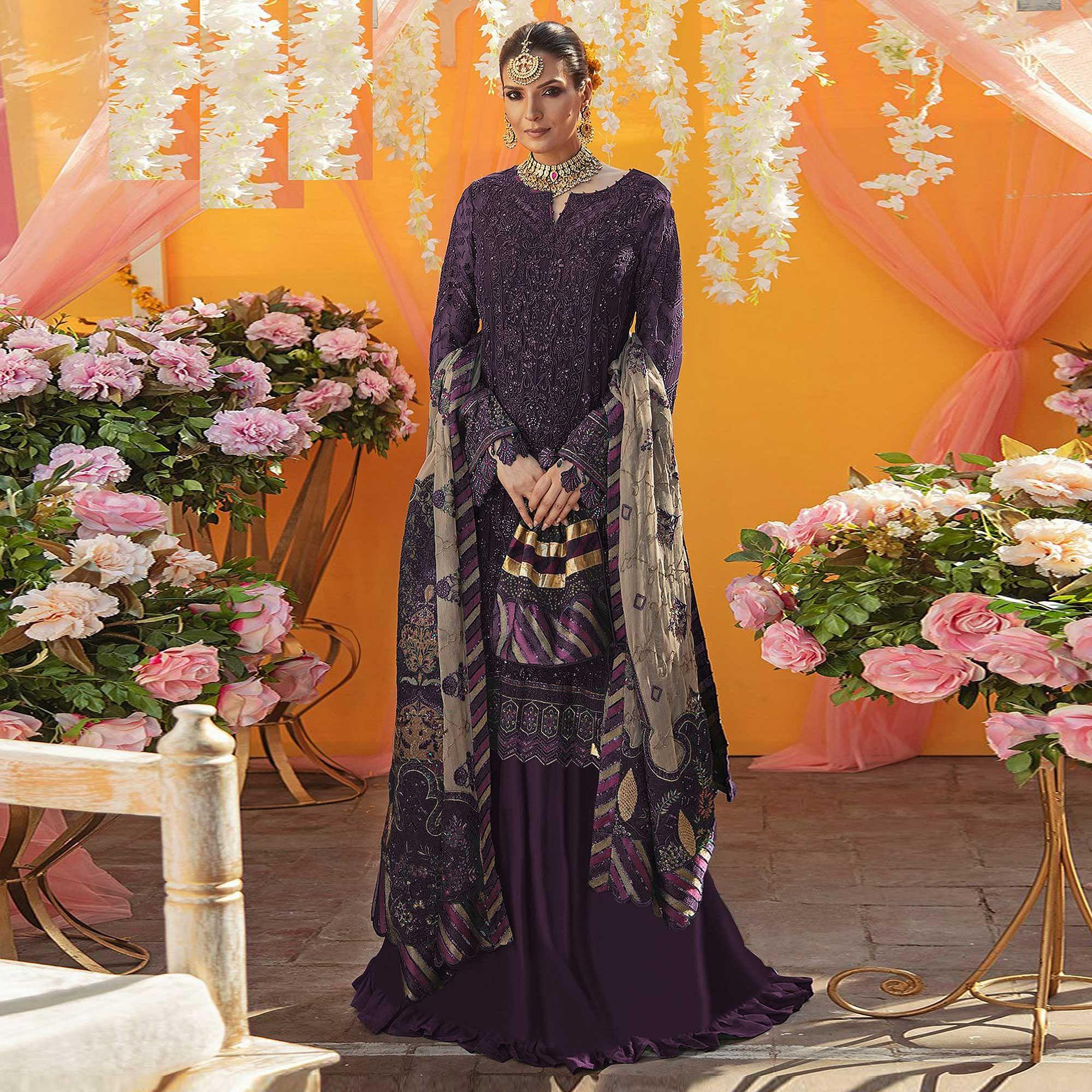 Dark Purple Embroidered Georgette Suit - Peachmode