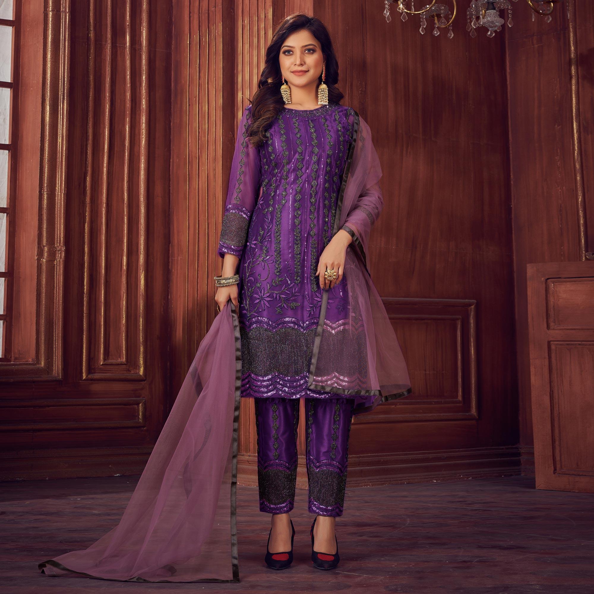 Dark Purple Embroidered Netted Suit - Peachmode