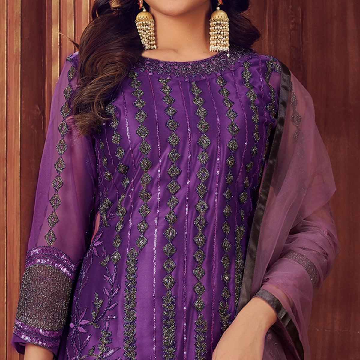 Dark Purple Embroidered Netted Suit - Peachmode