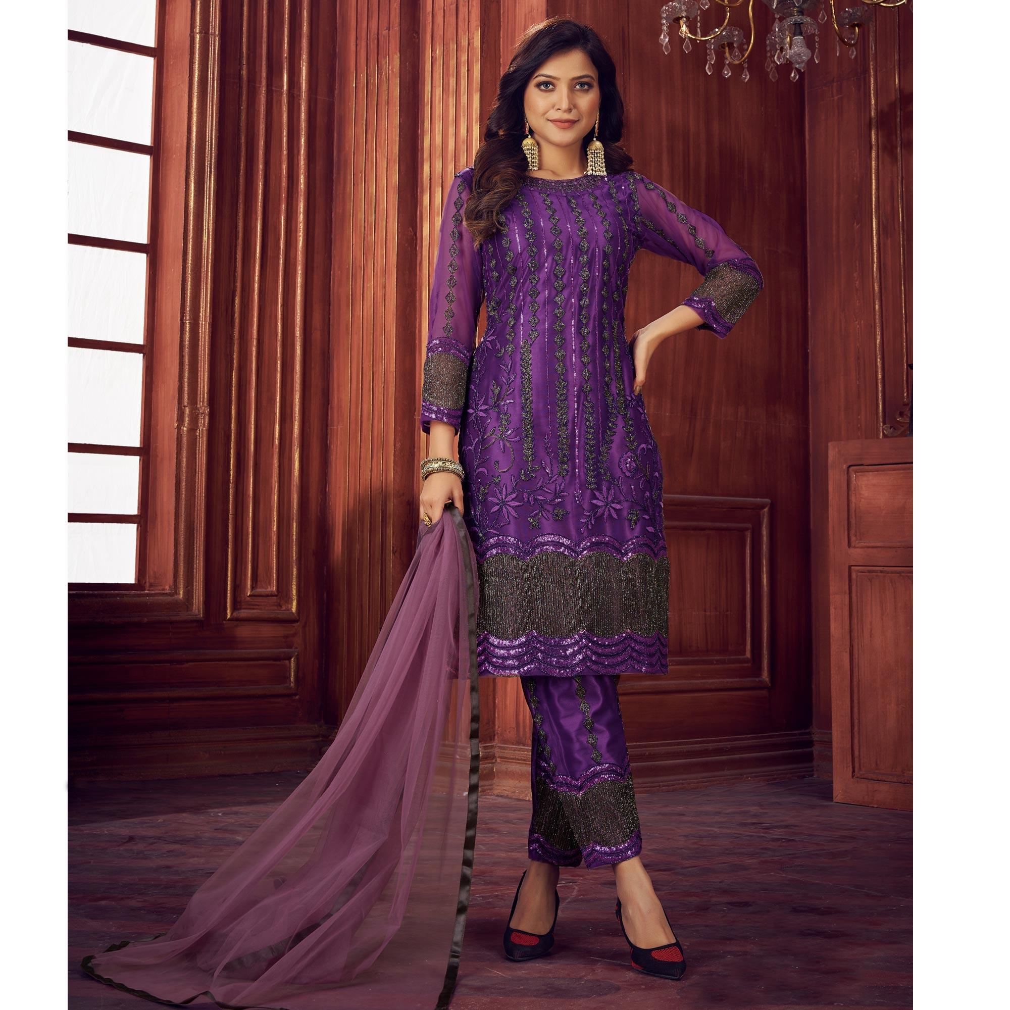 Dark Purple Embroidered Netted Suit - Peachmode