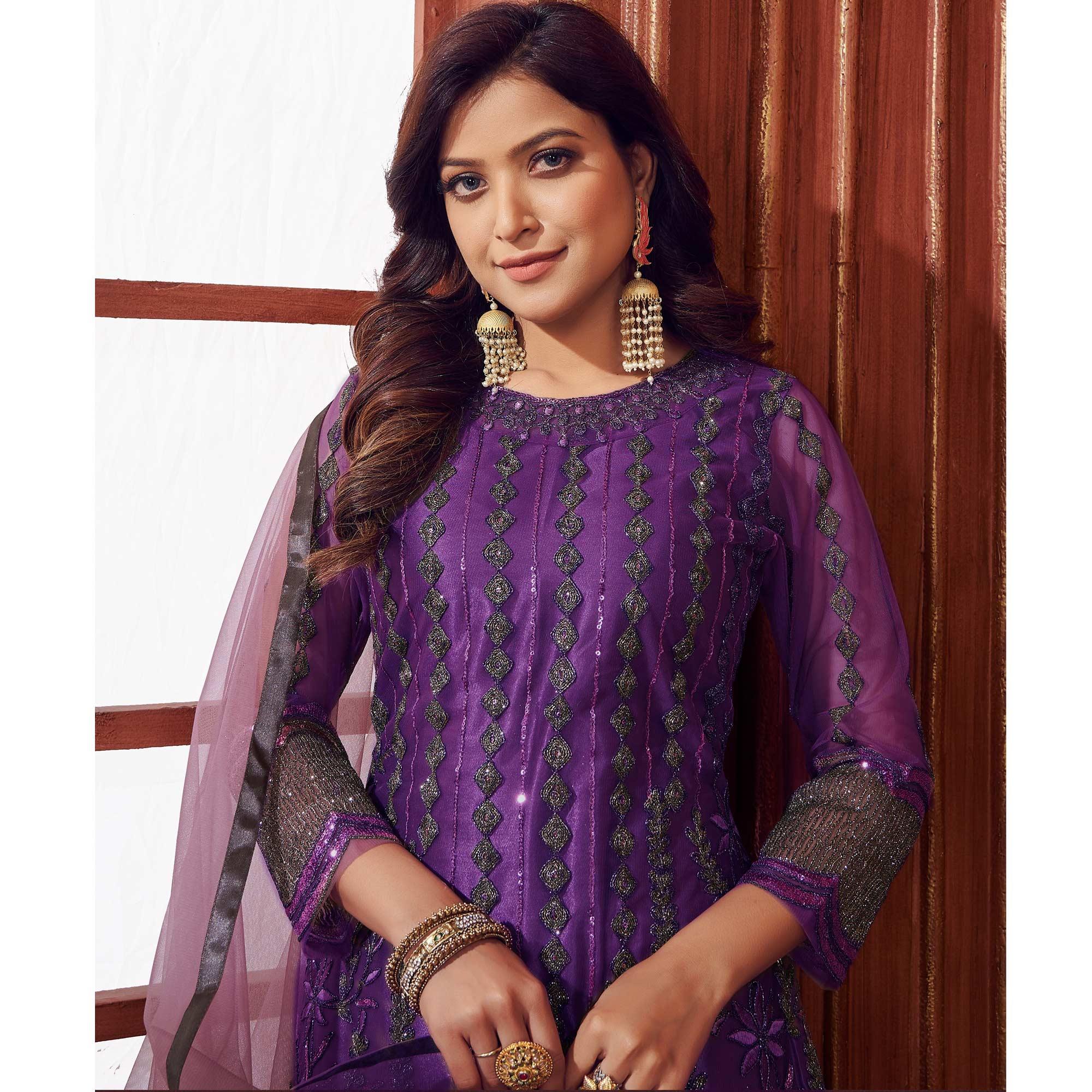 Dark Purple Embroidered Netted Suit - Peachmode