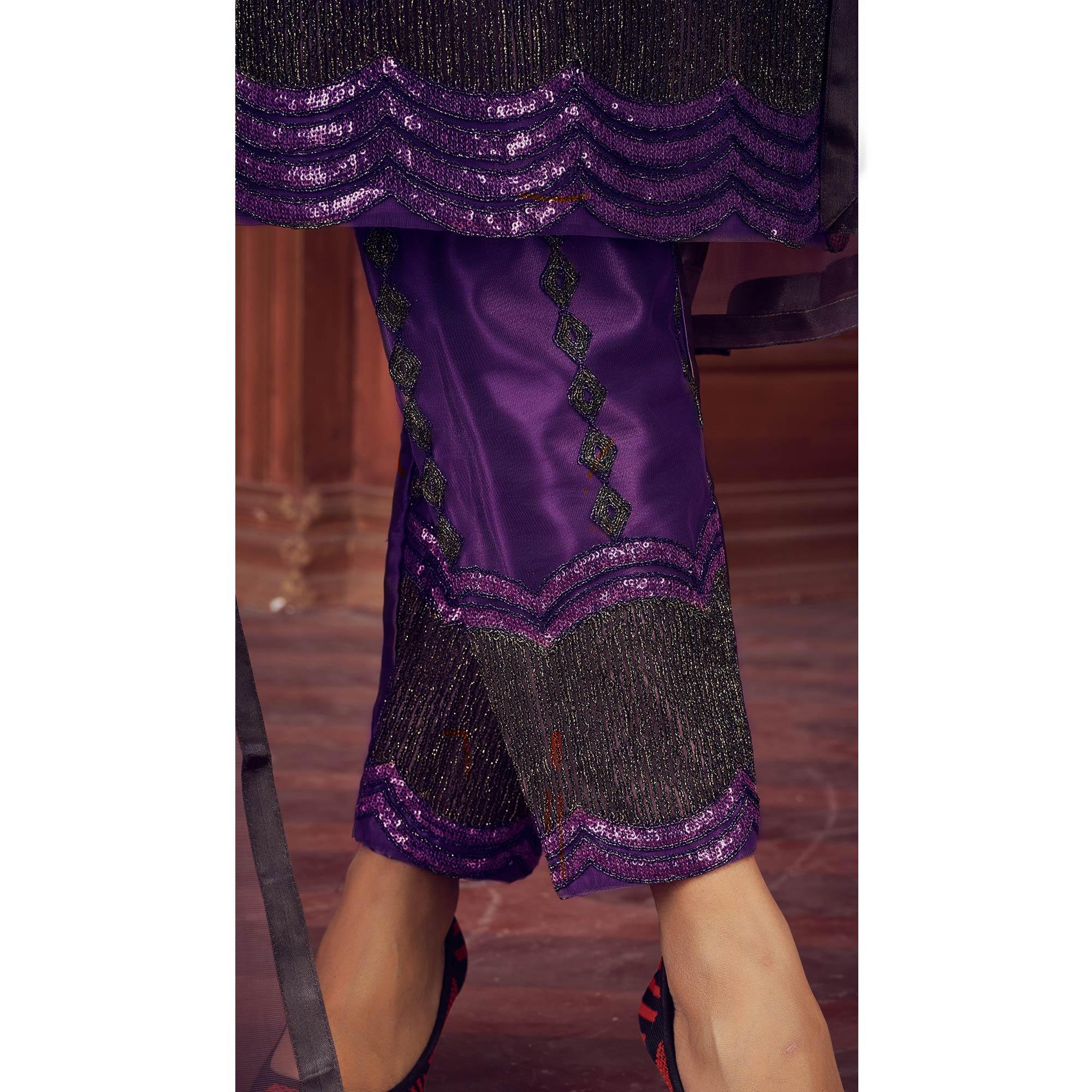 Dark Purple Embroidered Netted Suit - Peachmode
