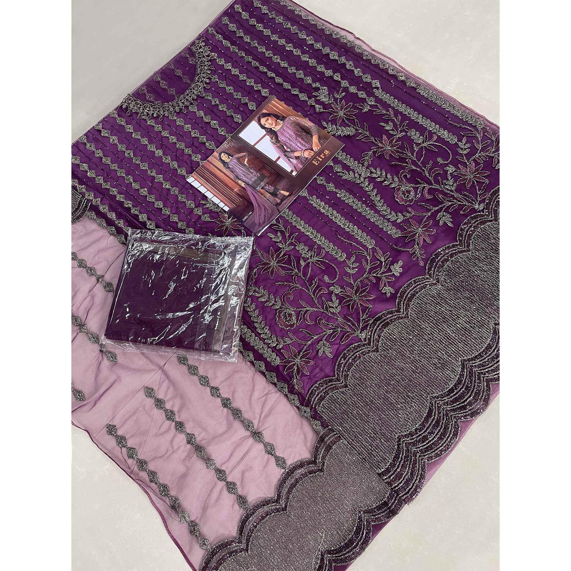Dark Purple Embroidered Netted Suit - Peachmode