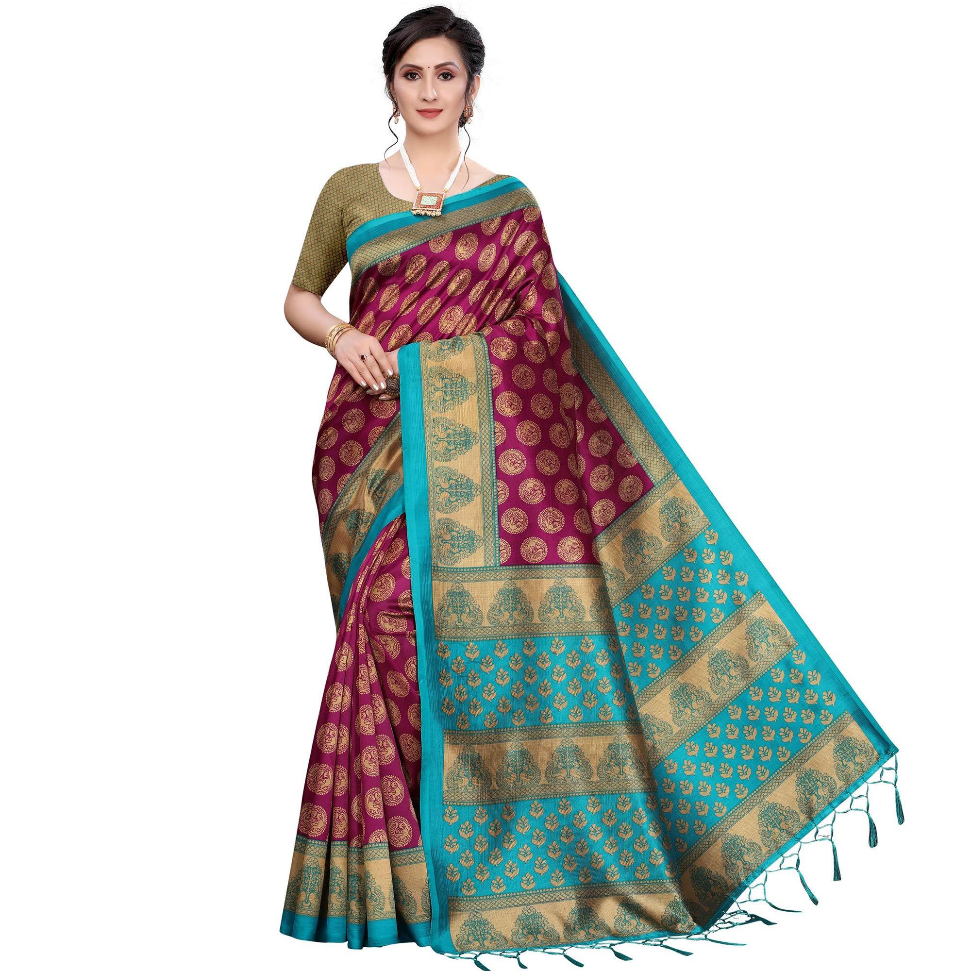 Dark Purple Festive Wear Printed Art Silk Saree With Tassels - Peachmode