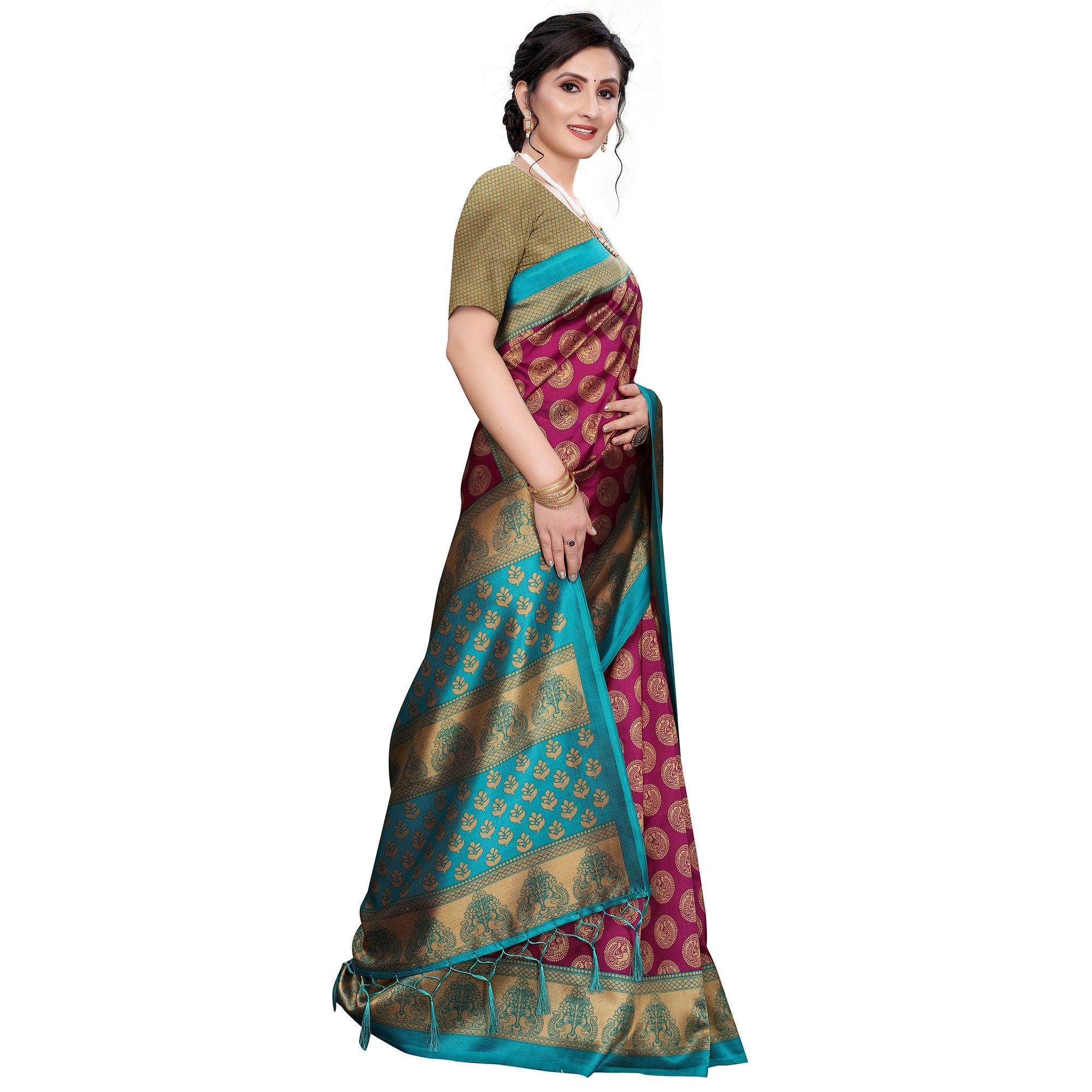 Dark Purple Festive Wear Printed Art Silk Saree With Tassels - Peachmode