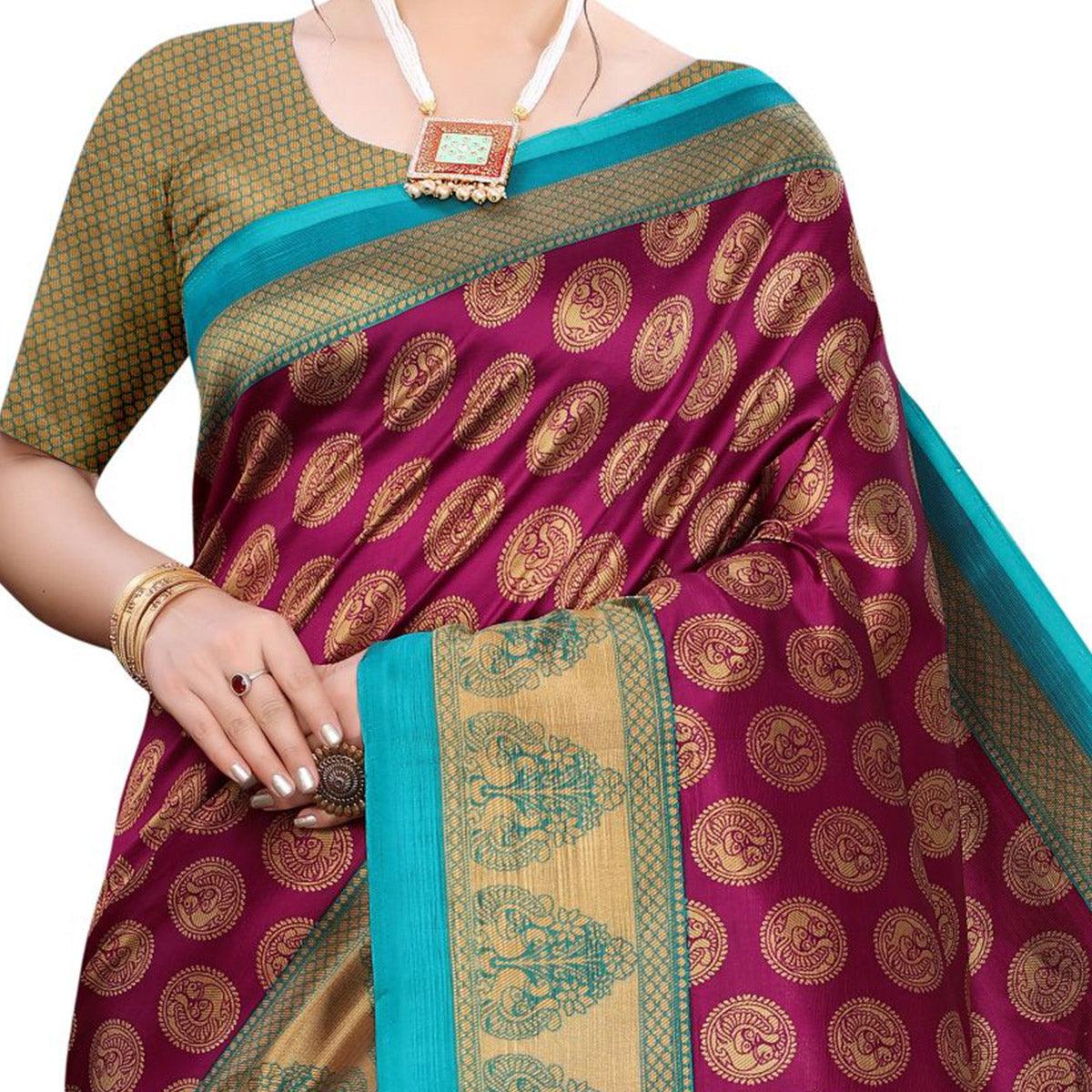Dark Purple Festive Wear Printed Art Silk Saree With Tassels - Peachmode