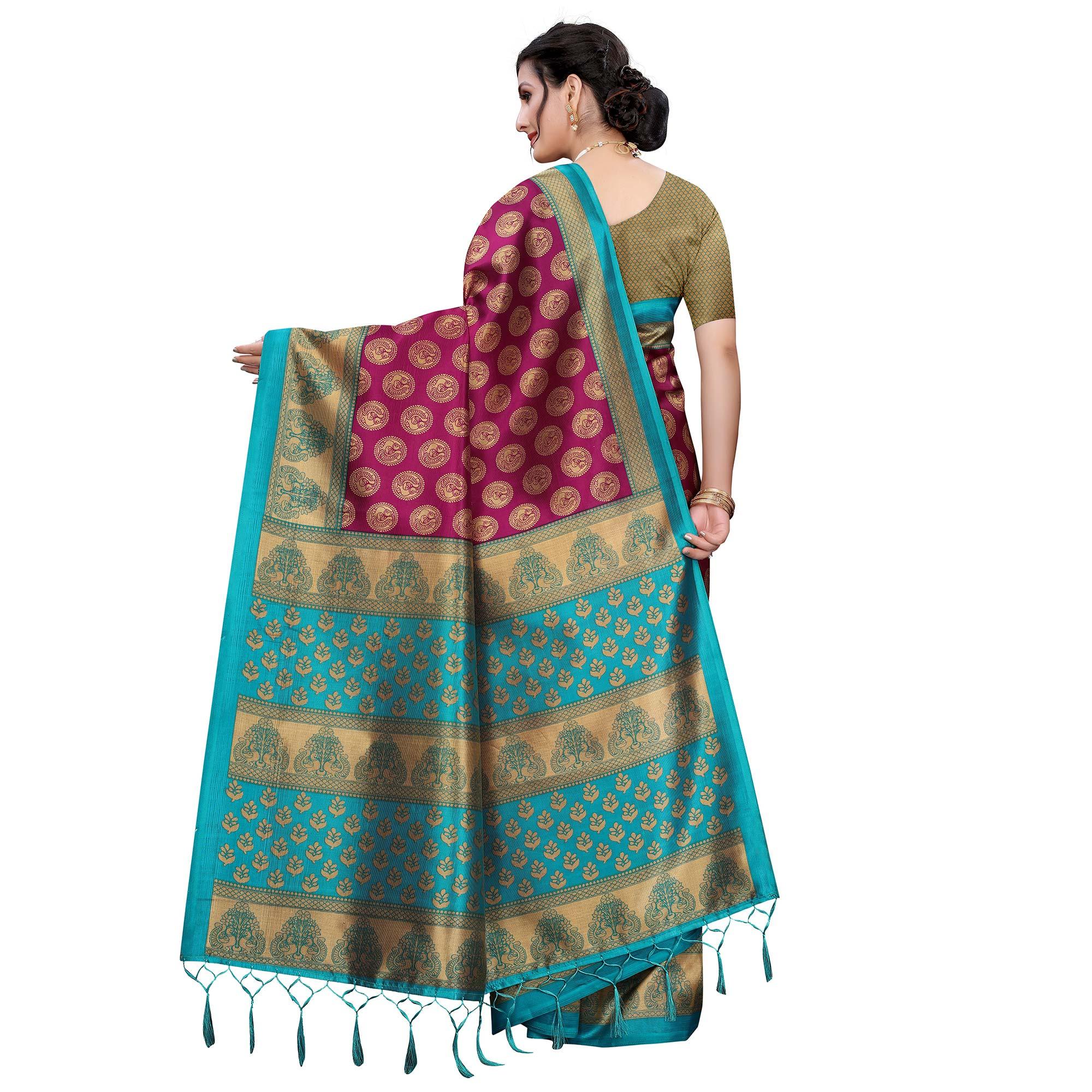 Dark Purple Festive Wear Printed Art Silk Saree With Tassels - Peachmode