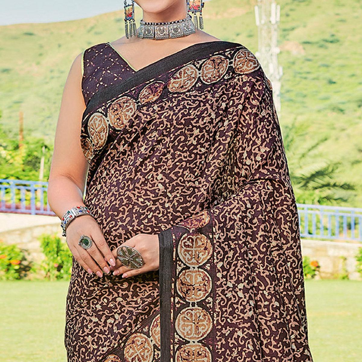 Dark Purple Printed Cotton Silk Saree - Peachmode