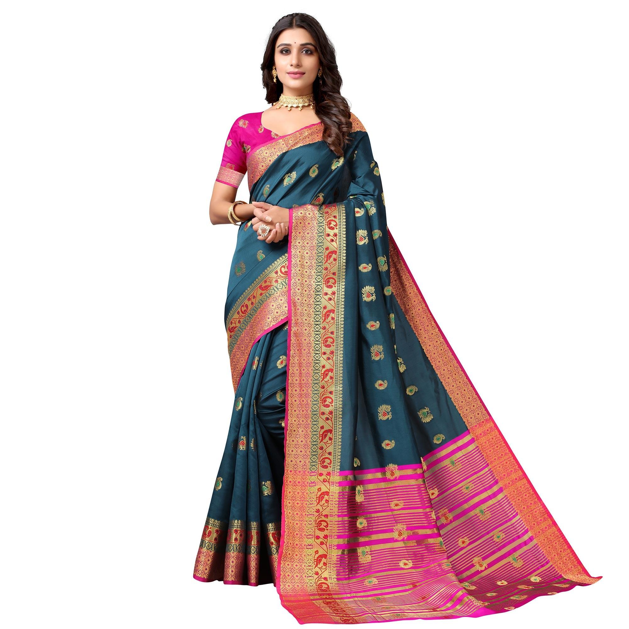 Dark Rama Blue Festive Wear Woven Soft Silk Saree With Jacquard Border - Peachmode