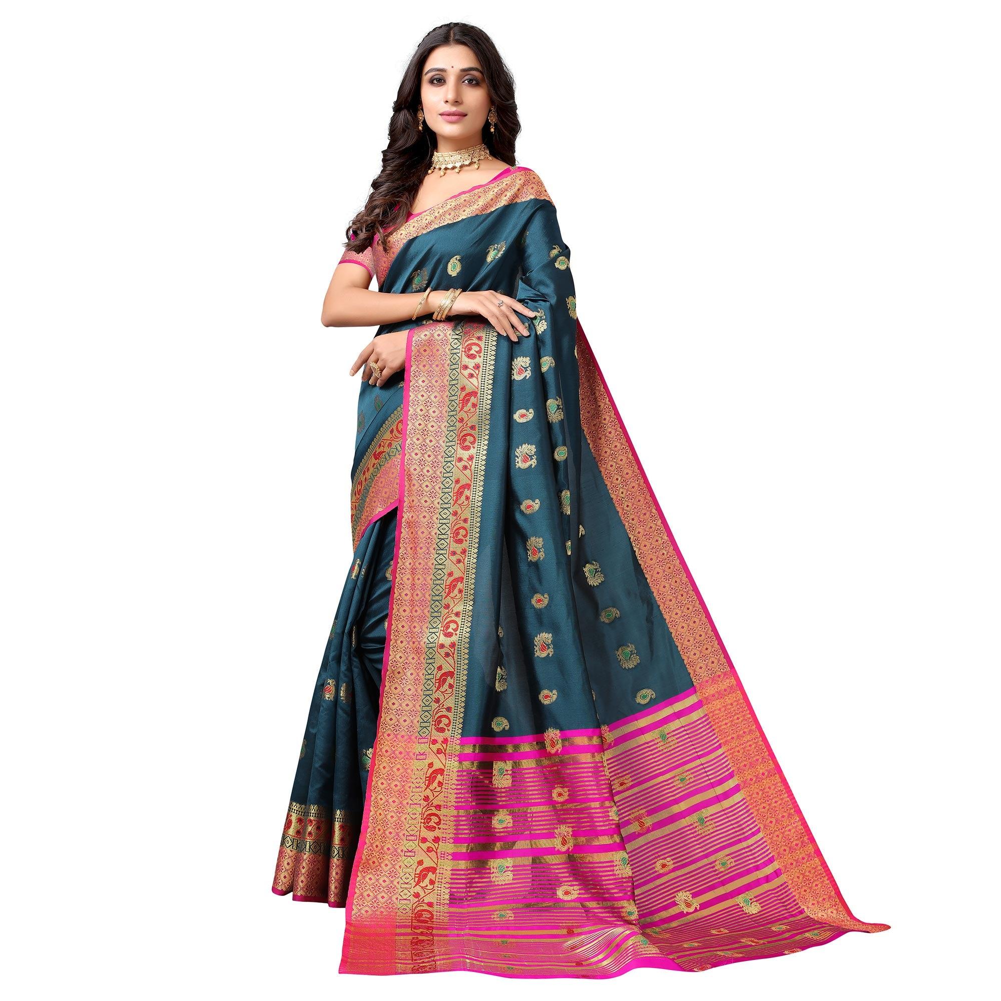 Dark Rama Blue Festive Wear Woven Soft Silk Saree With Jacquard Border - Peachmode