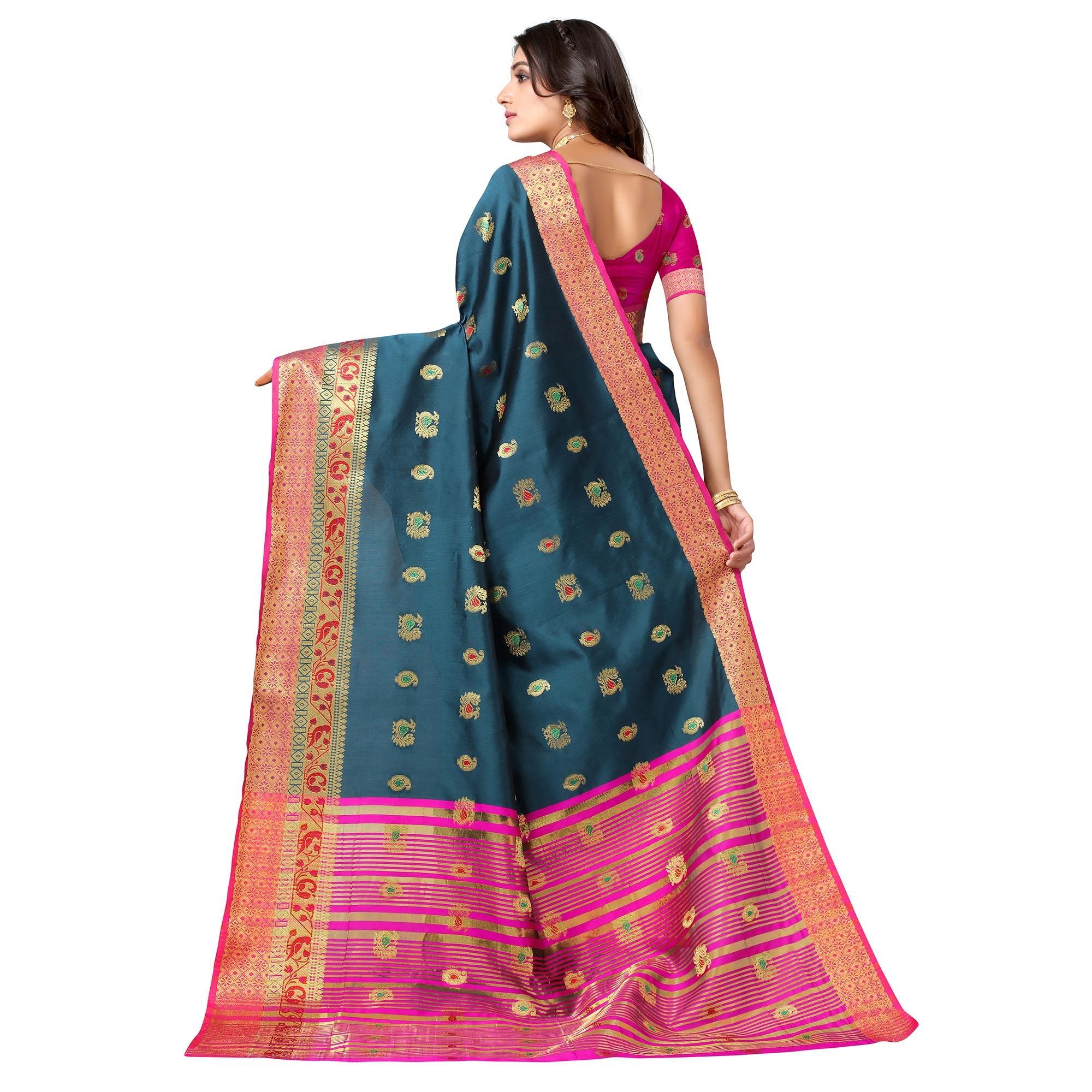 Dark Rama Blue Festive Wear Woven Soft Silk Saree With Jacquard Border - Peachmode