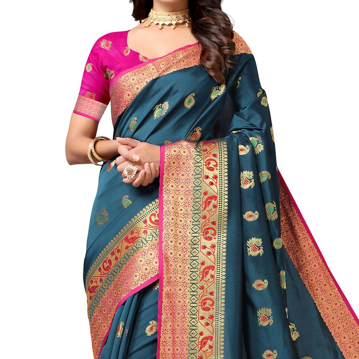 Dark Rama Blue Festive Wear Woven Soft Silk Saree With Jacquard Border - Peachmode