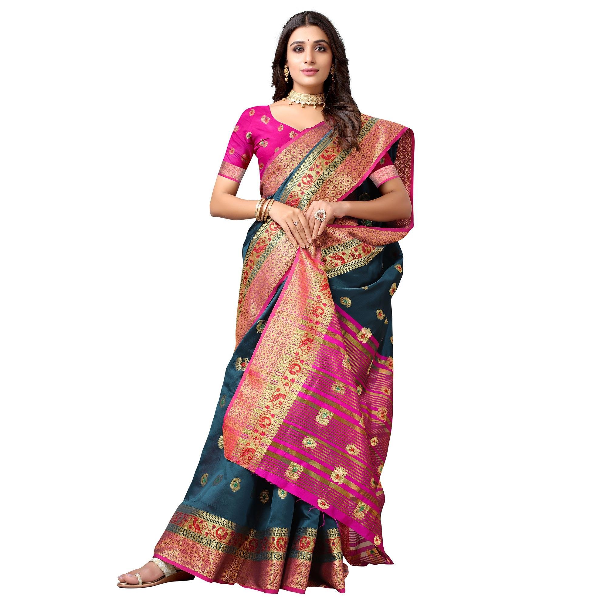 Dark Rama Blue Festive Wear Woven Soft Silk Saree With Jacquard Border - Peachmode