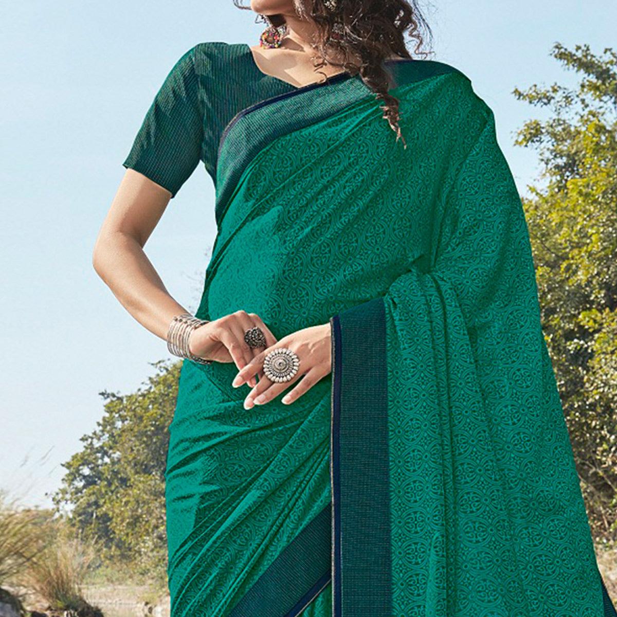 Dark Rama Green Festive Wear Printed Silk Saree - Peachmode