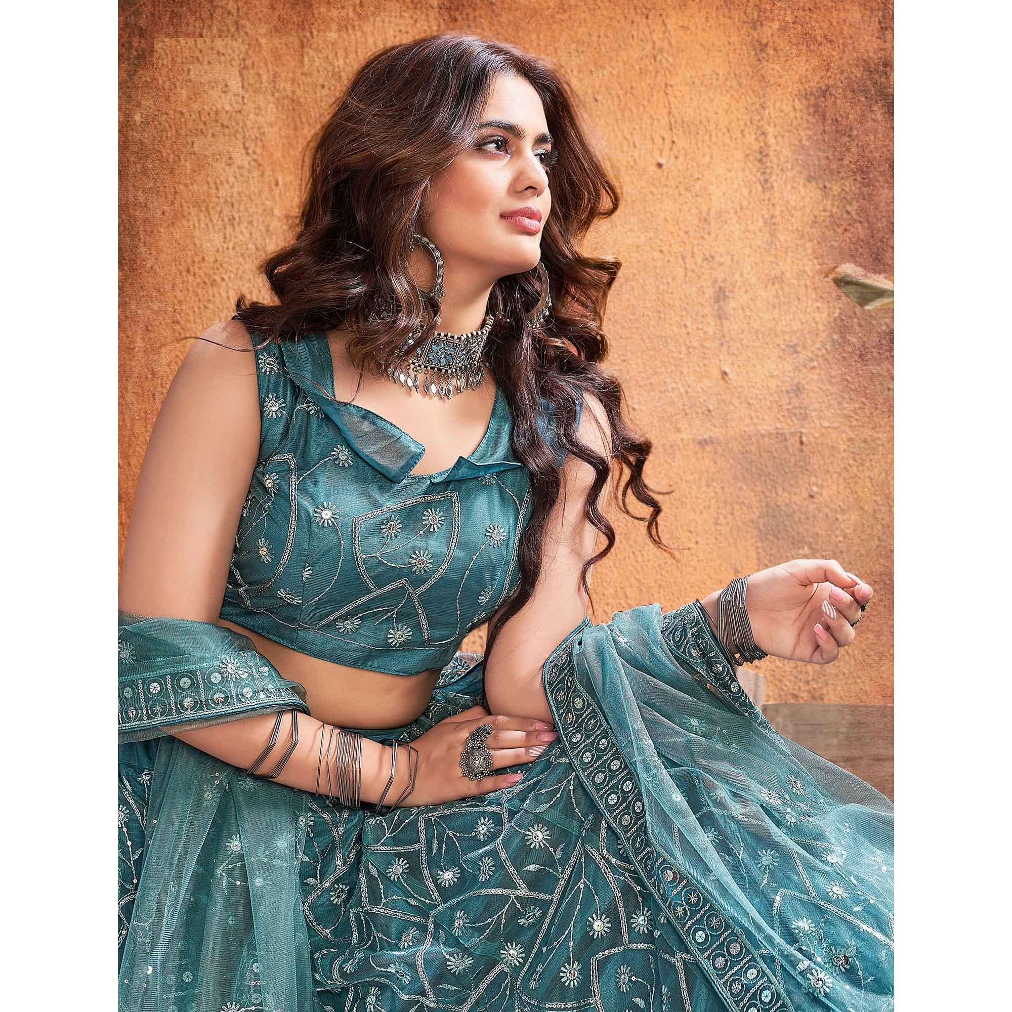 Dark Rama Green Partywear Thread Sequence Soft Net Lehenga Choli - Peachmode