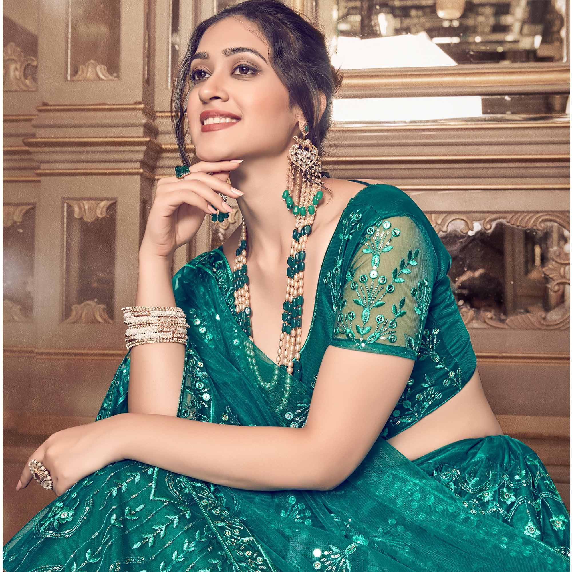 Dark Rama Partywear Thread Sequence Soft Net Lehenga Choli - Peachmode