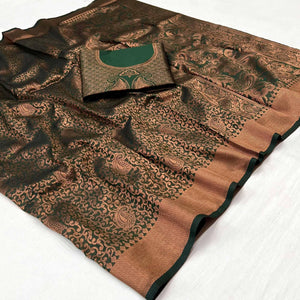 Dark Rama Woven Jacquard Saree - Peachmode