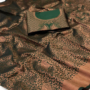 Dark Rama Woven Jacquard Saree - Peachmode