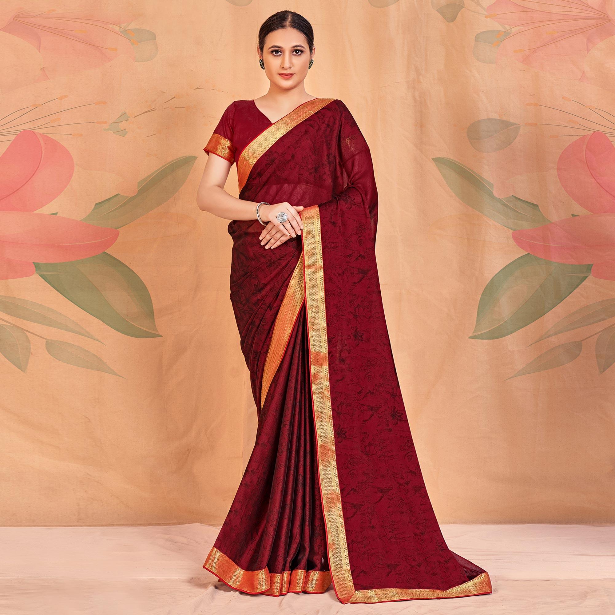 Dark Red Casual Wear Printed Chiffon Saree With Banarasi Lace - Peachmode