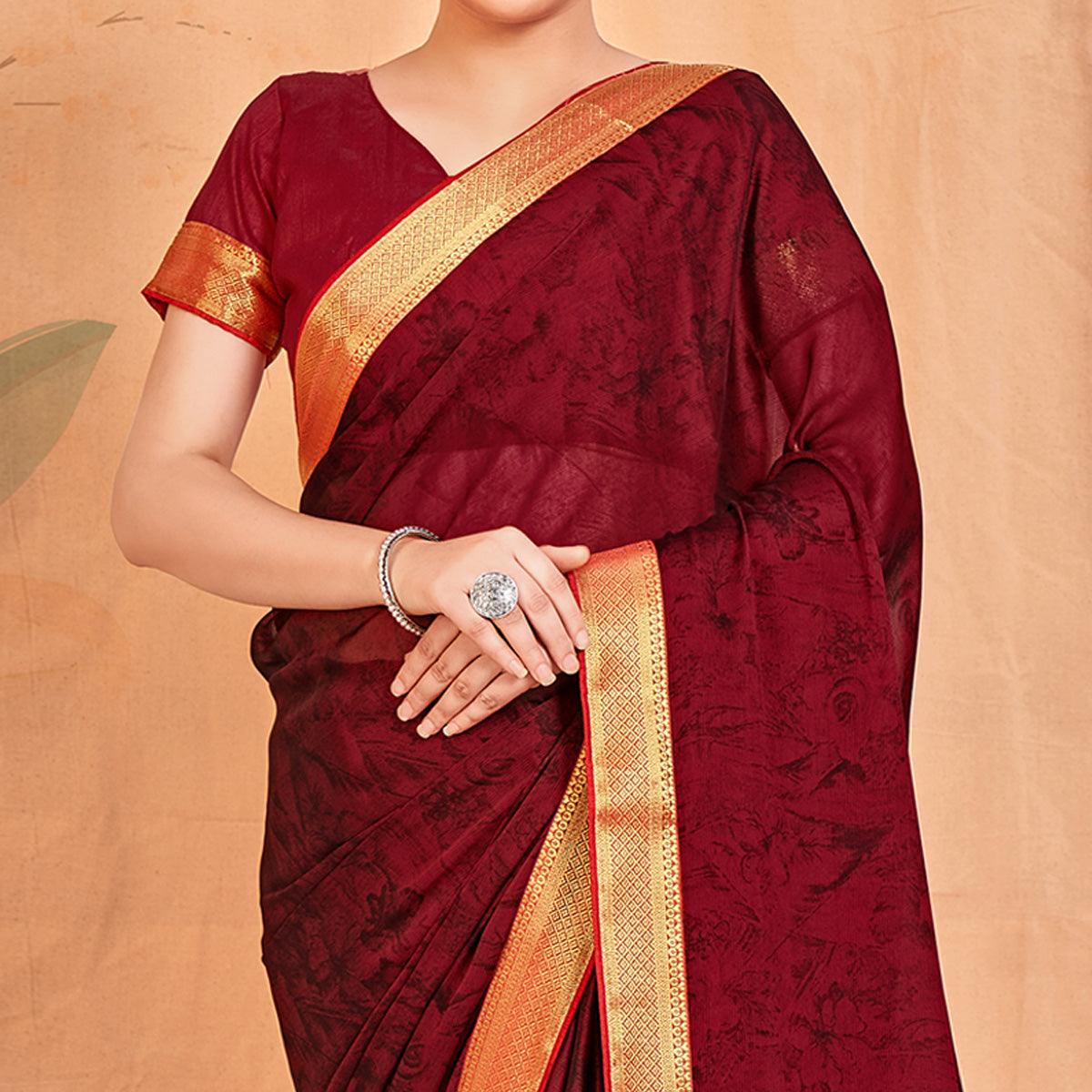 Dark Red Casual Wear Printed Chiffon Saree With Banarasi Lace - Peachmode