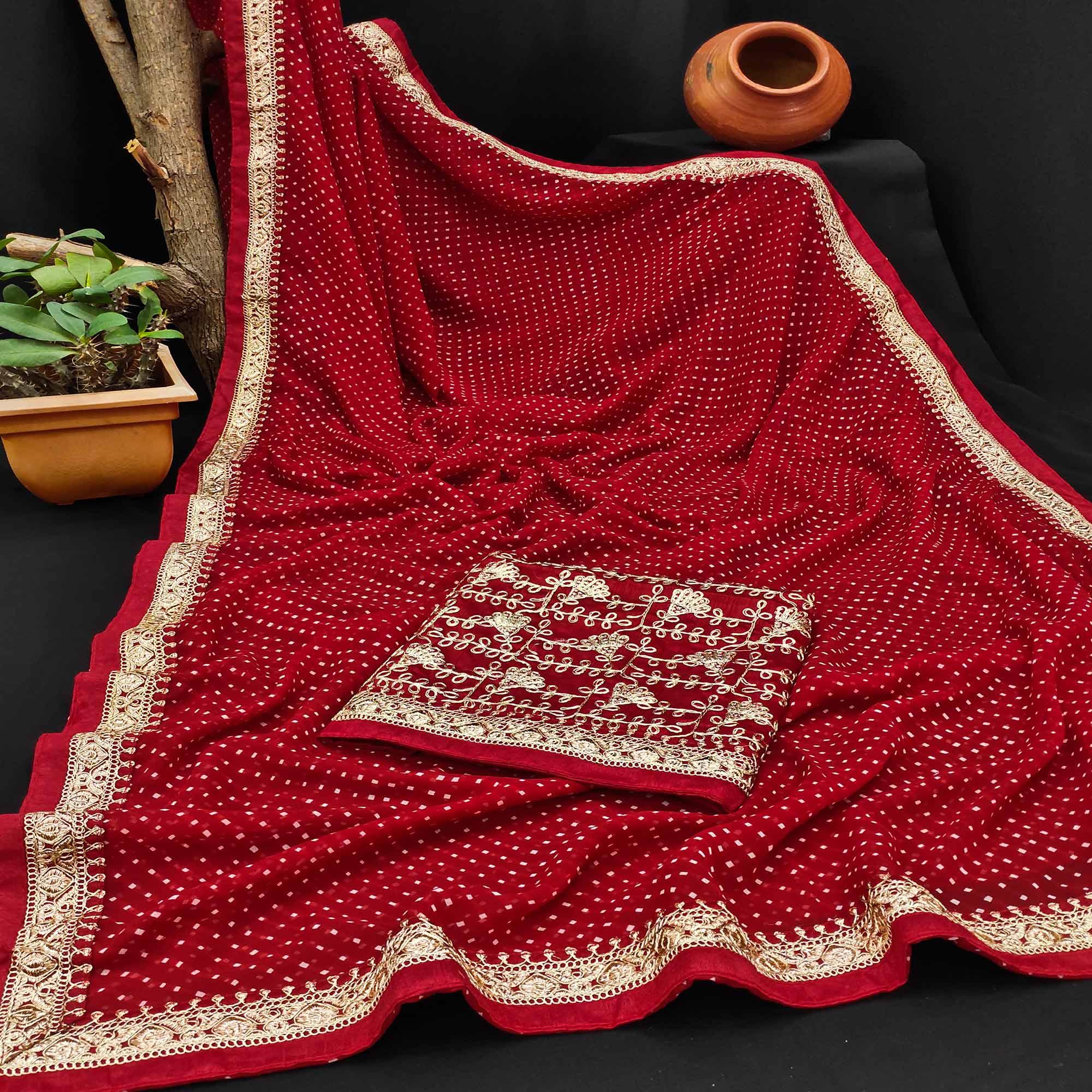 Dark Red Festive Wear Printed With Lace Border Georgette Saree - Peachmode