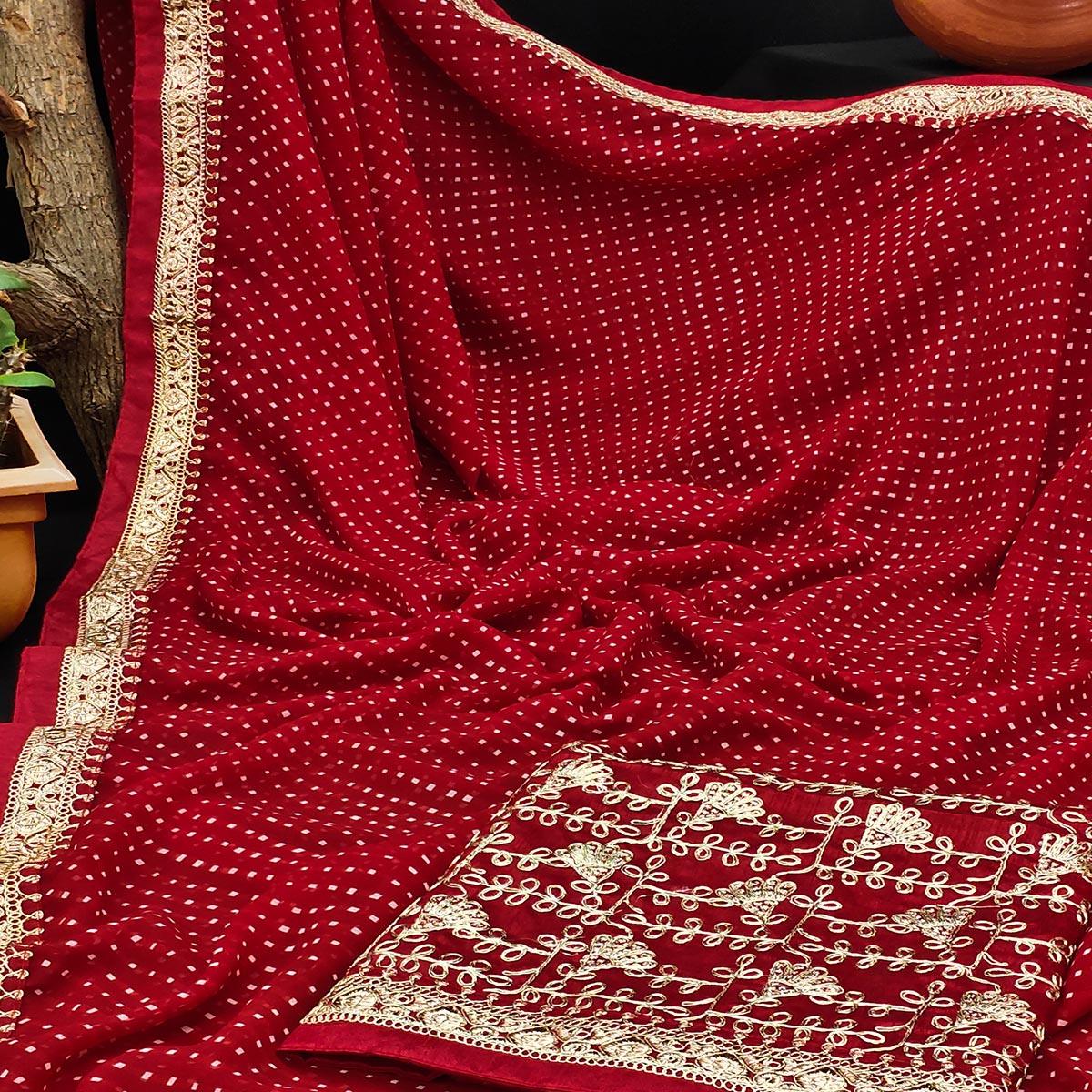 Dark Red Festive Wear Printed With Lace Border Georgette Saree - Peachmode