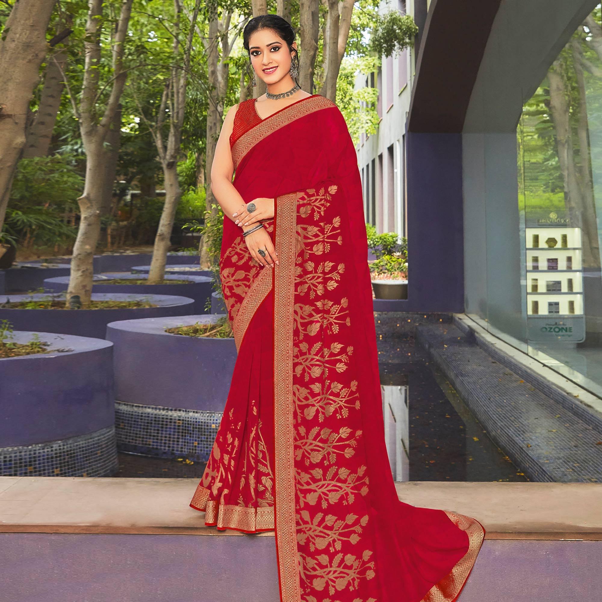 Dark Red Festive Wear Woven Georgette Saree - Peachmode