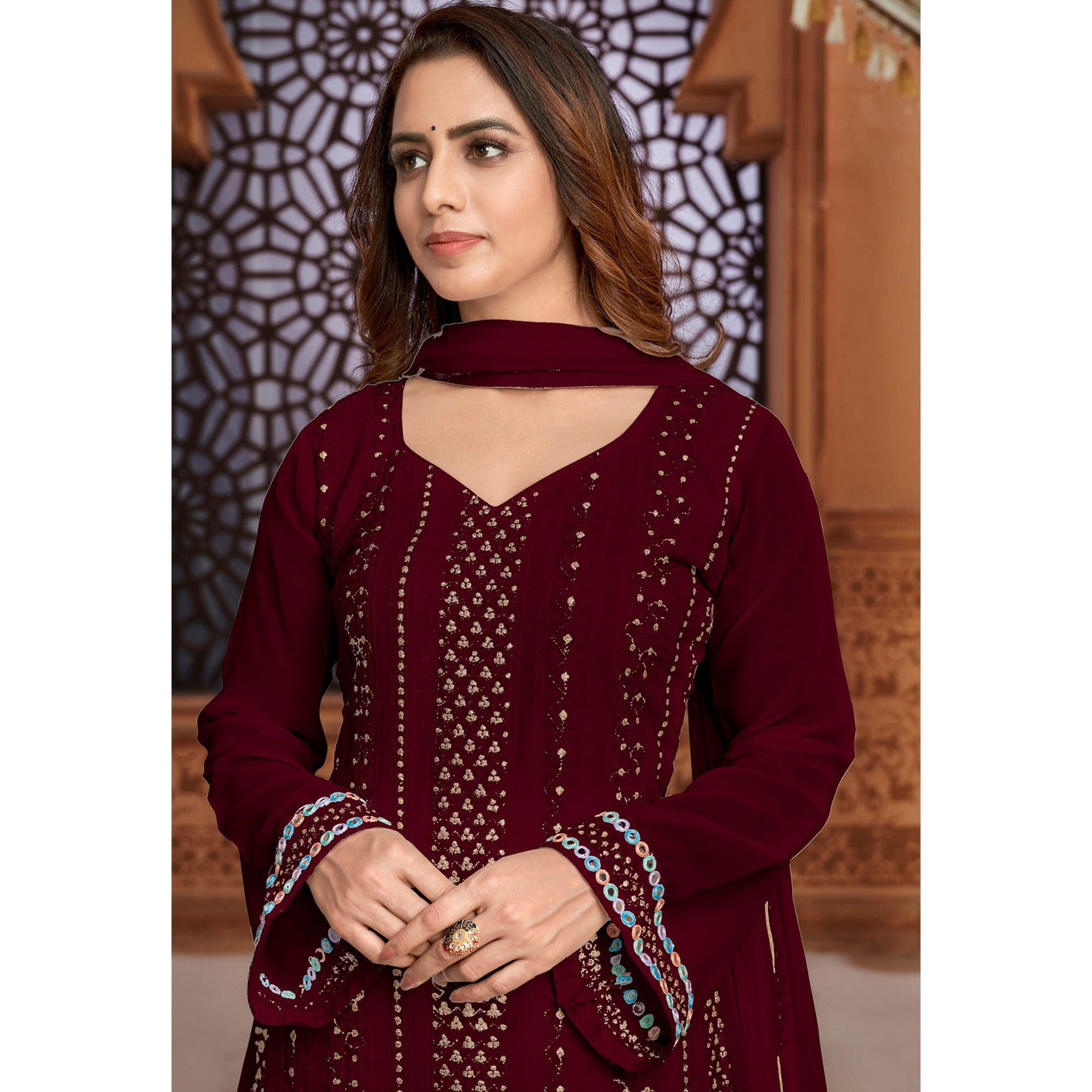 Dark Red Partywear Designer Embroidered Heavy Faux Georgette Palazzo Suit - Peachmode